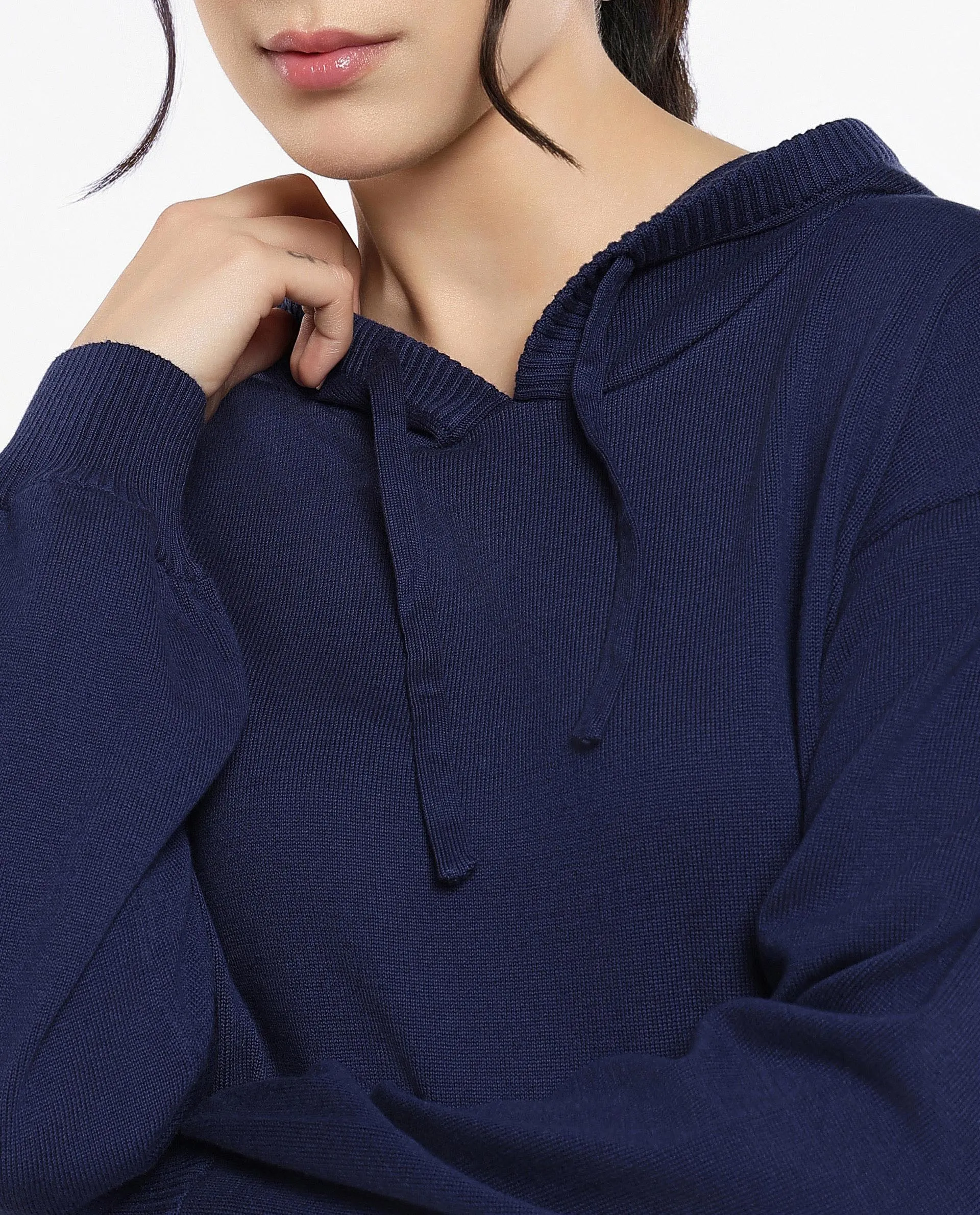 Rareism Women Finnet T Navy Plain Hooded Plain Sweater