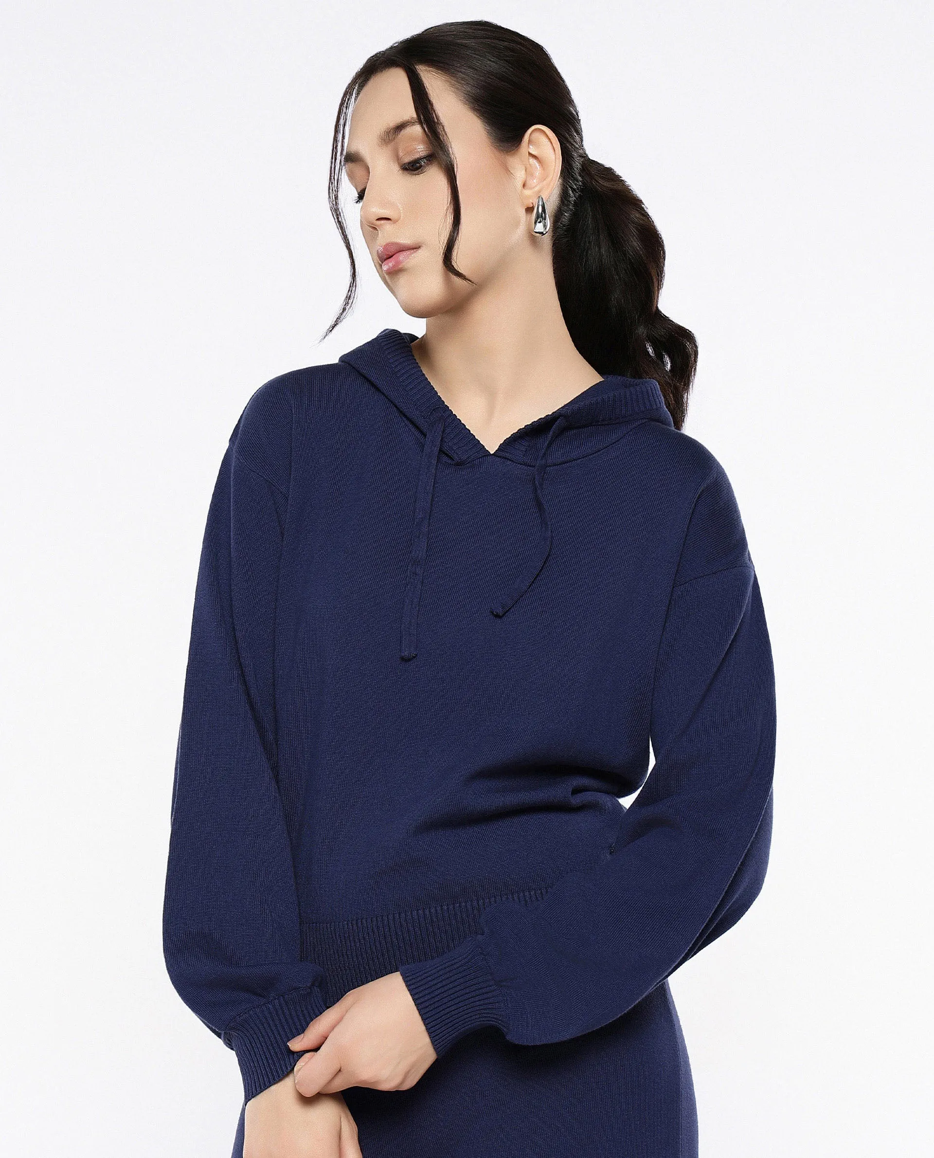 Rareism Women Finnet T Navy Plain Hooded Plain Sweater