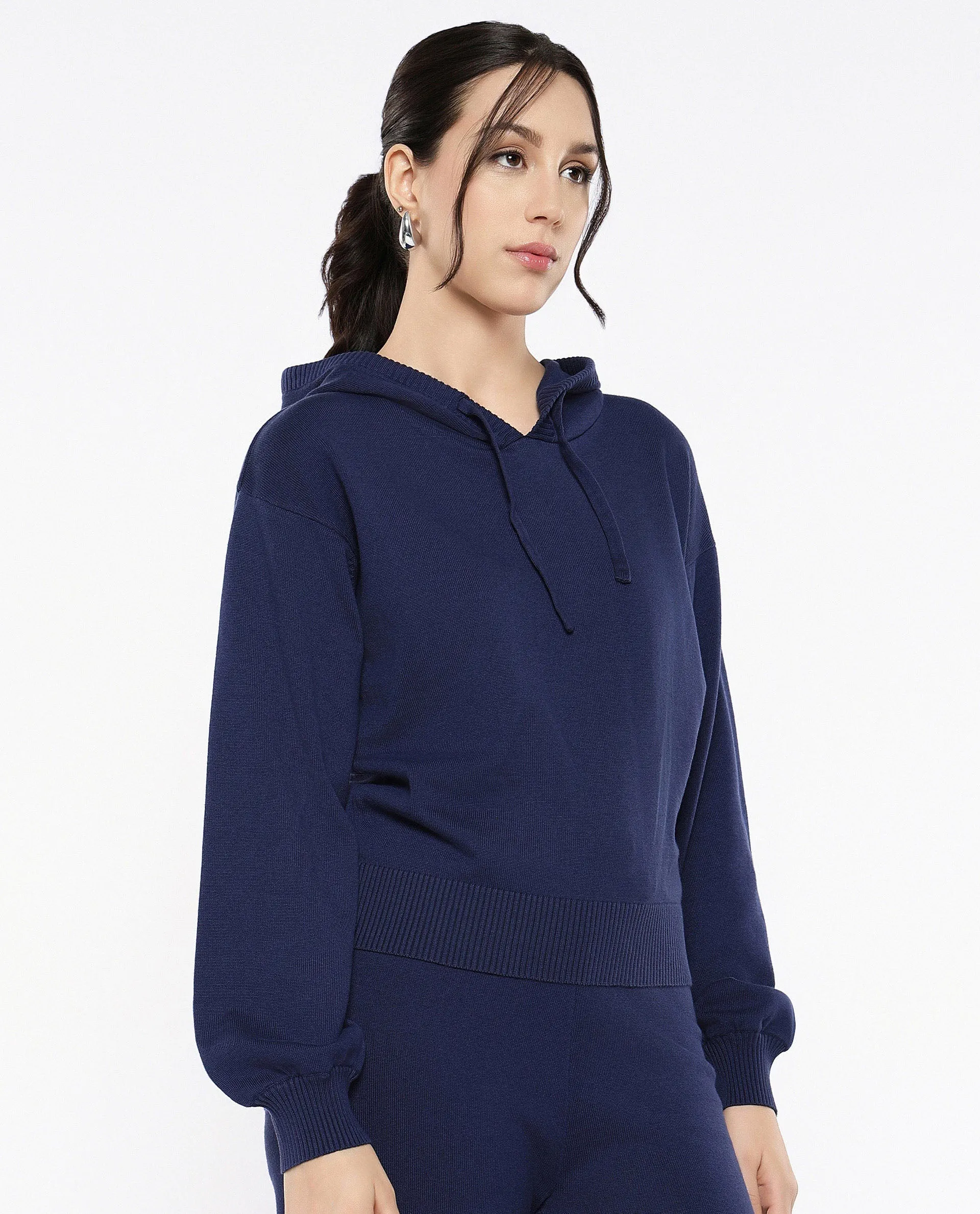 Rareism Women Finnet T Navy Plain Hooded Plain Sweater