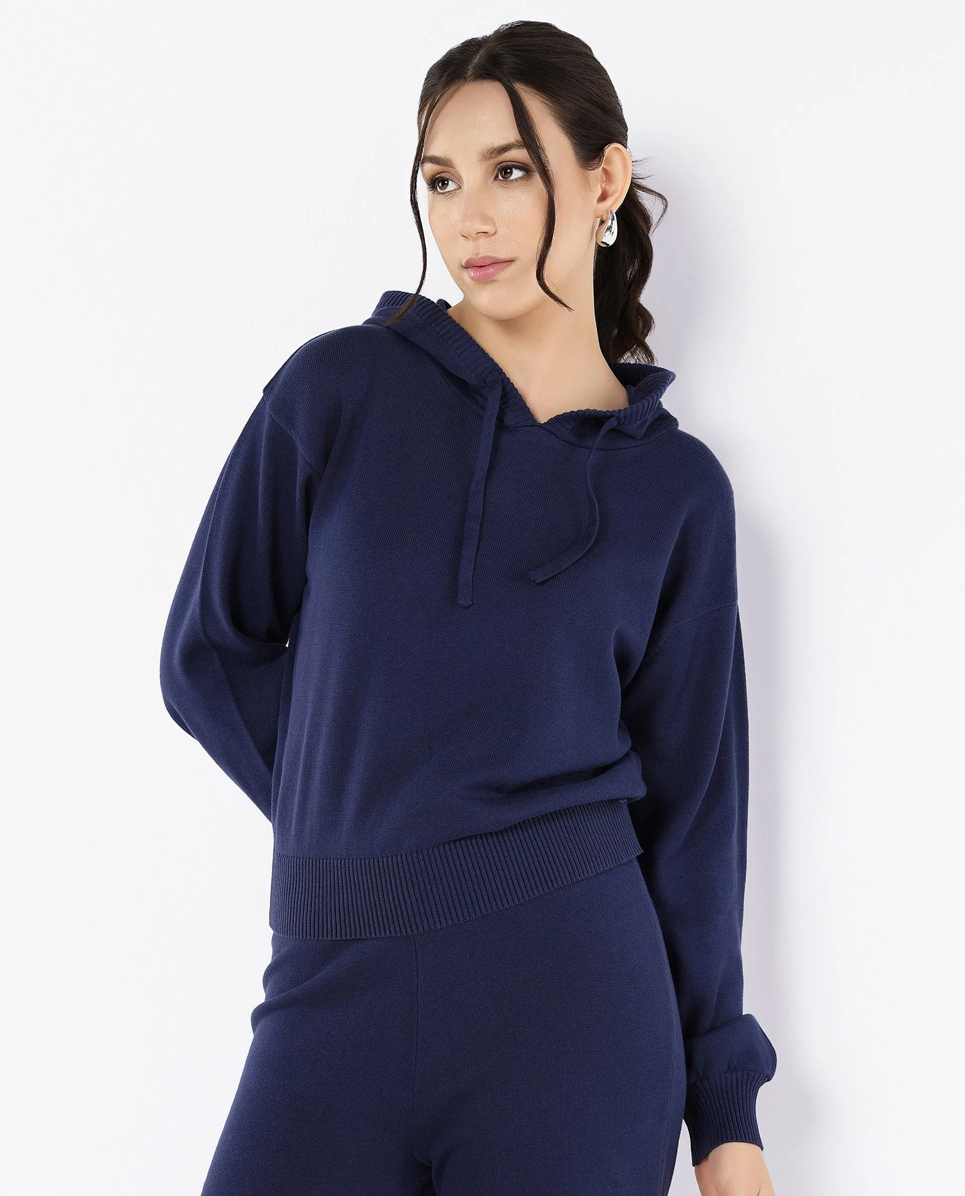 Rareism Women Finnet T Navy Plain Hooded Plain Sweater