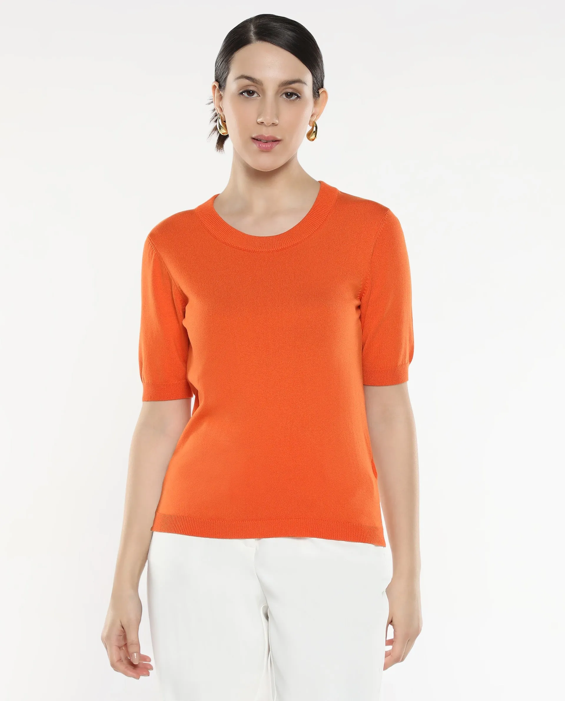 Rareism Women Rohrdo Orange Plain Crew Neck Plain Sweater