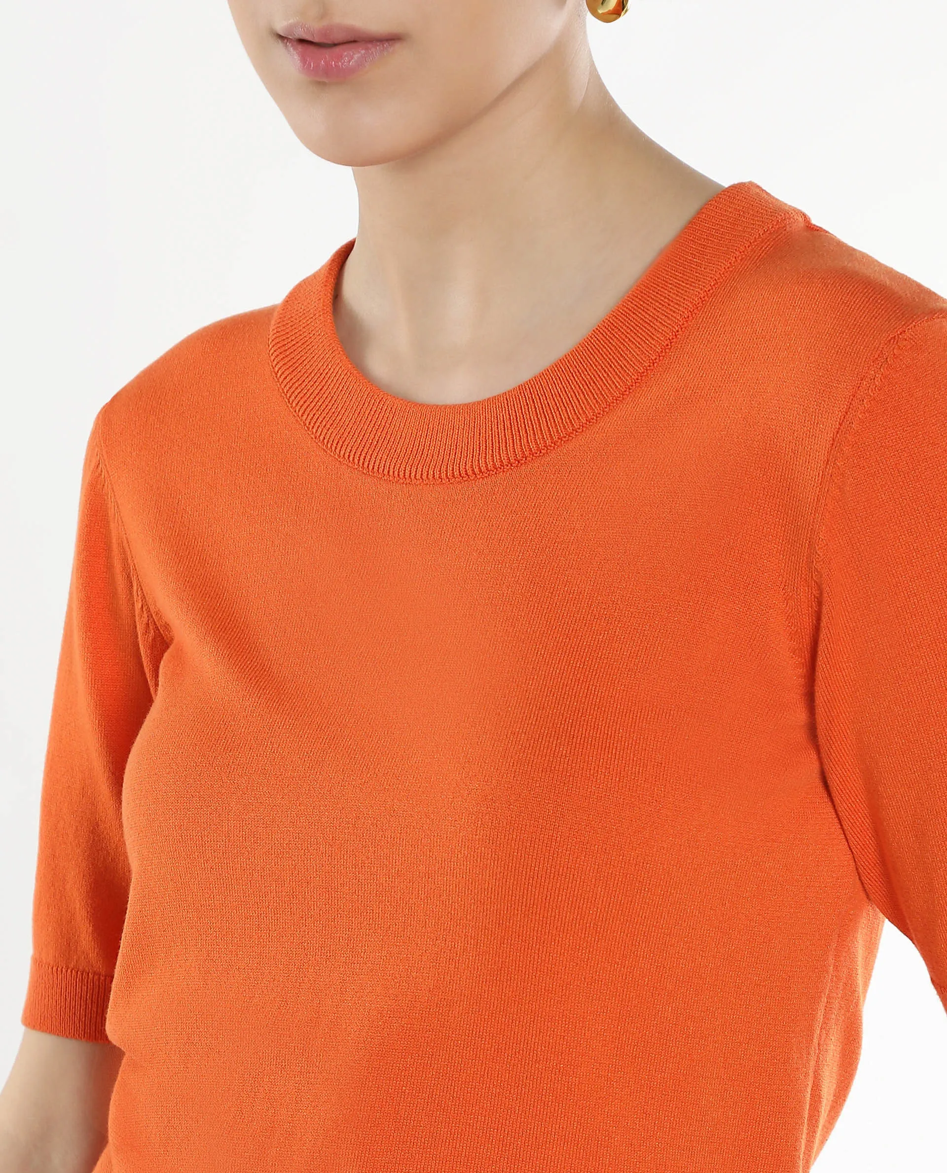 Rareism Women Rohrdo Orange Plain Crew Neck Plain Sweater