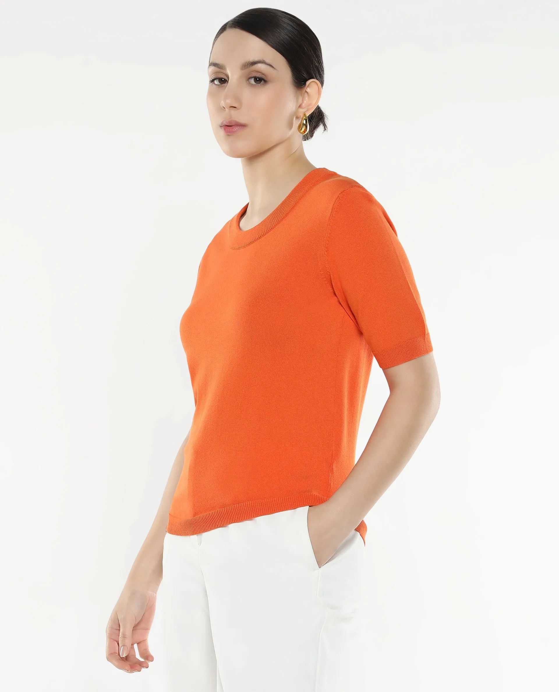 Rareism Women Rohrdo Orange Plain Crew Neck Plain Sweater