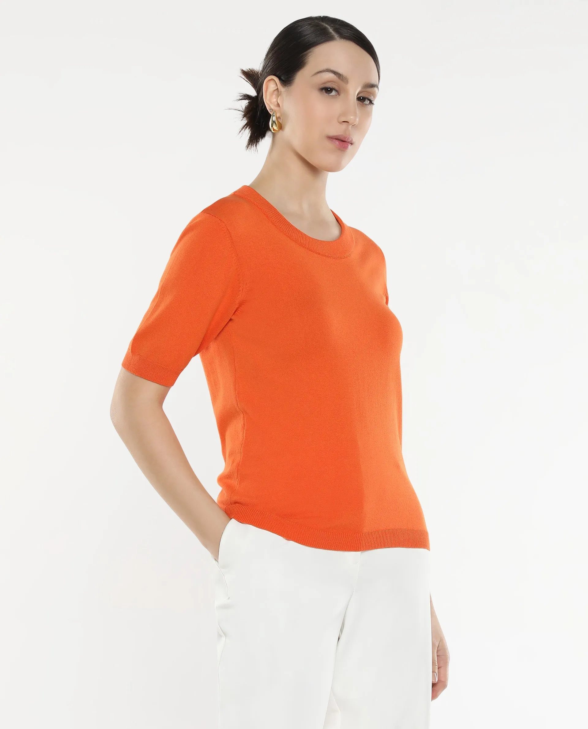 Rareism Women Rohrdo Orange Plain Crew Neck Plain Sweater