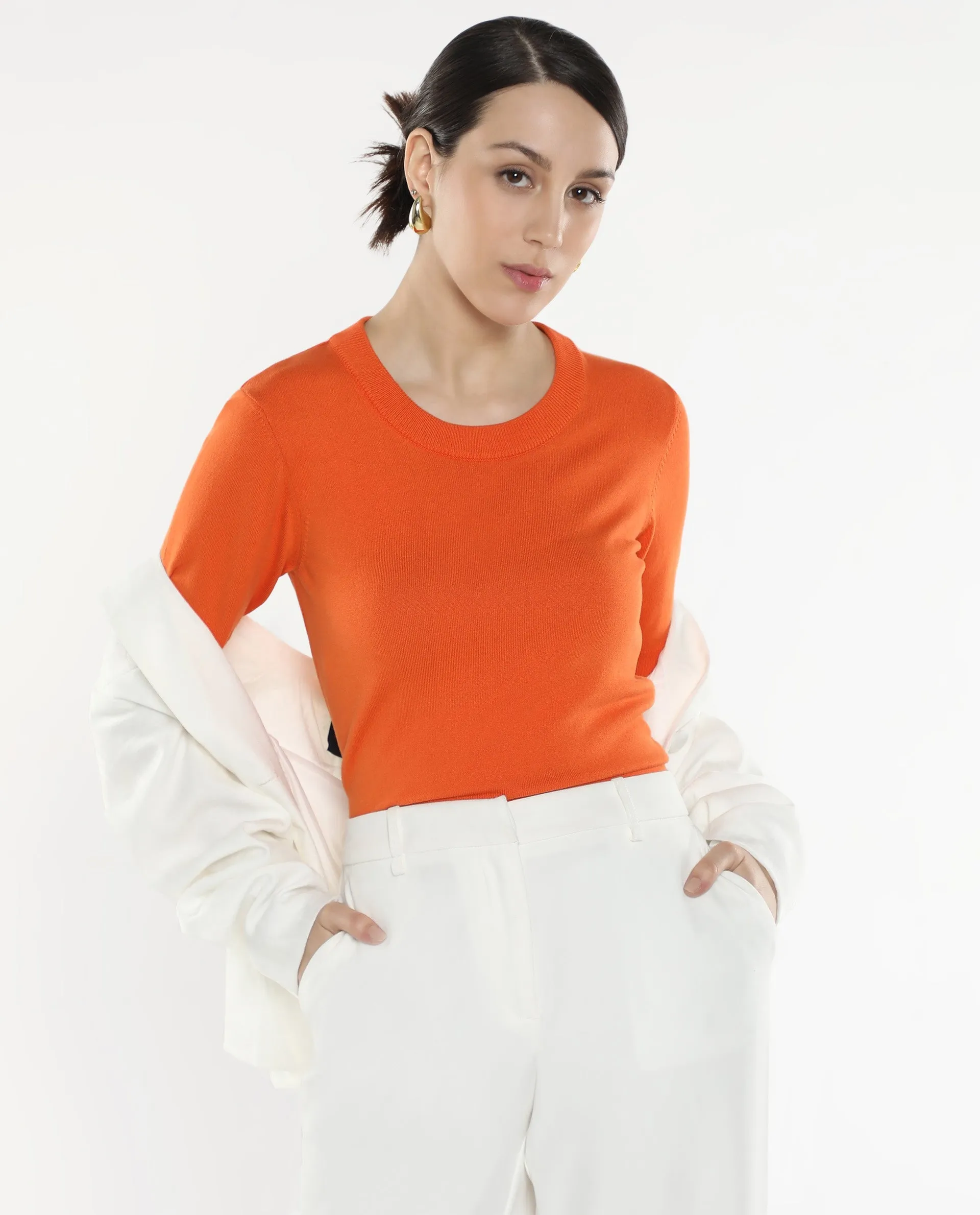 Rareism Women Rohrdo Orange Plain Crew Neck Plain Sweater