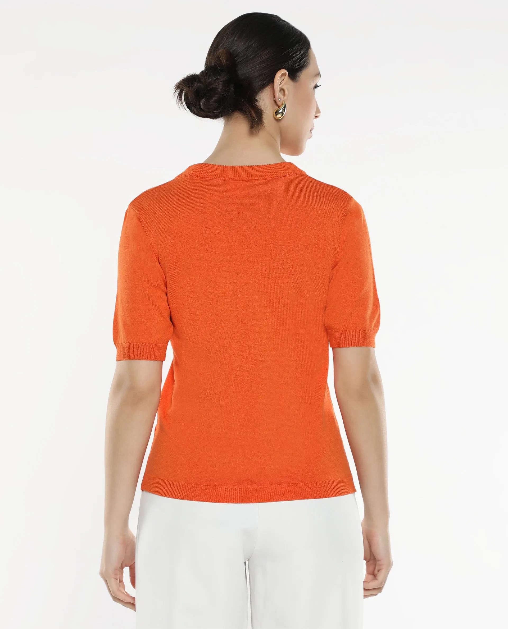 Rareism Women Rohrdo Orange Plain Crew Neck Plain Sweater