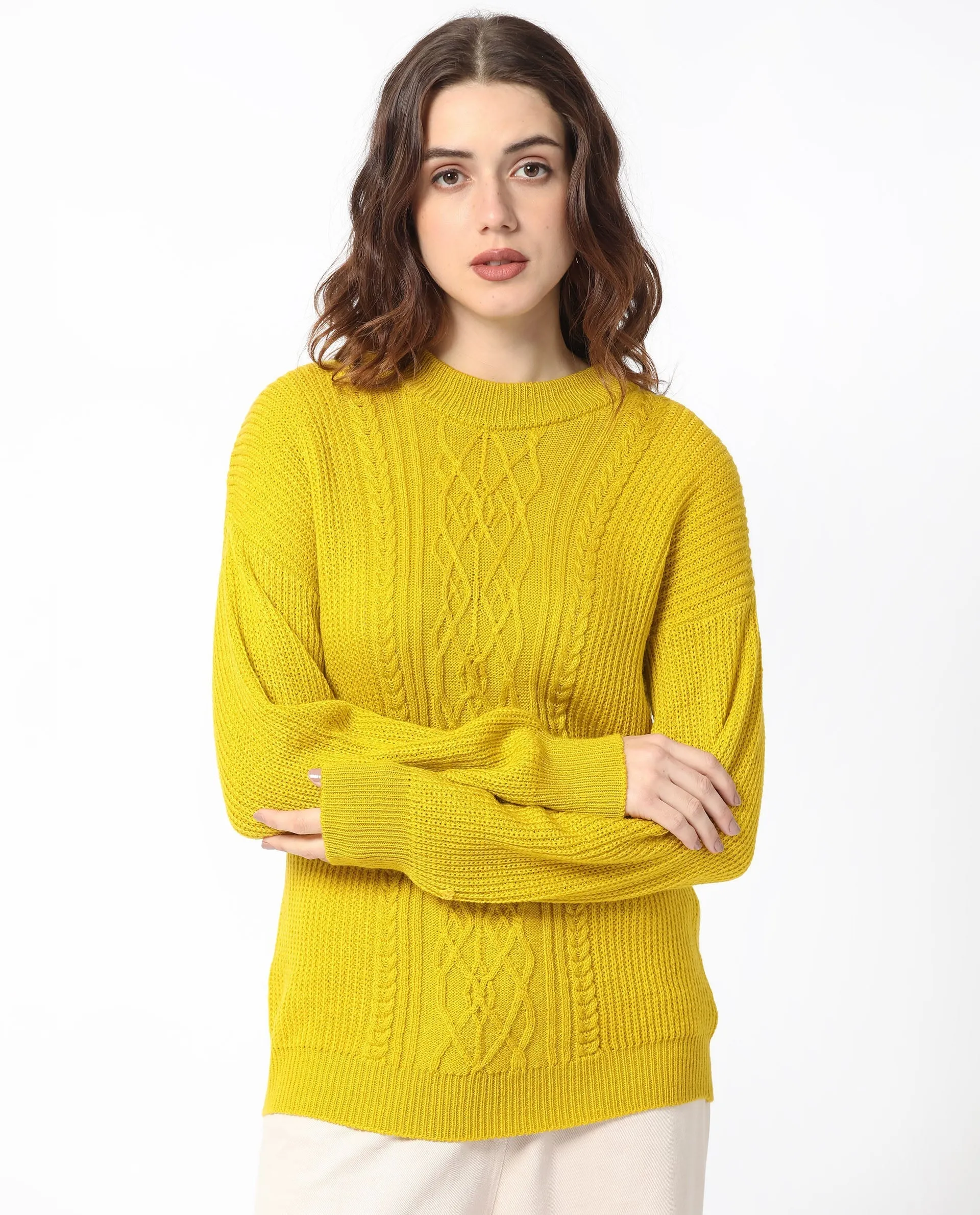 Rareism Women Schitt Mustard Acrylic Fabric Full Sleeves High Neck Relaxed Fit Plain Sweater