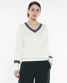 Rareism Women Simaya Off-White Acrylic Fabric Relaxed Fit Plain Sweater