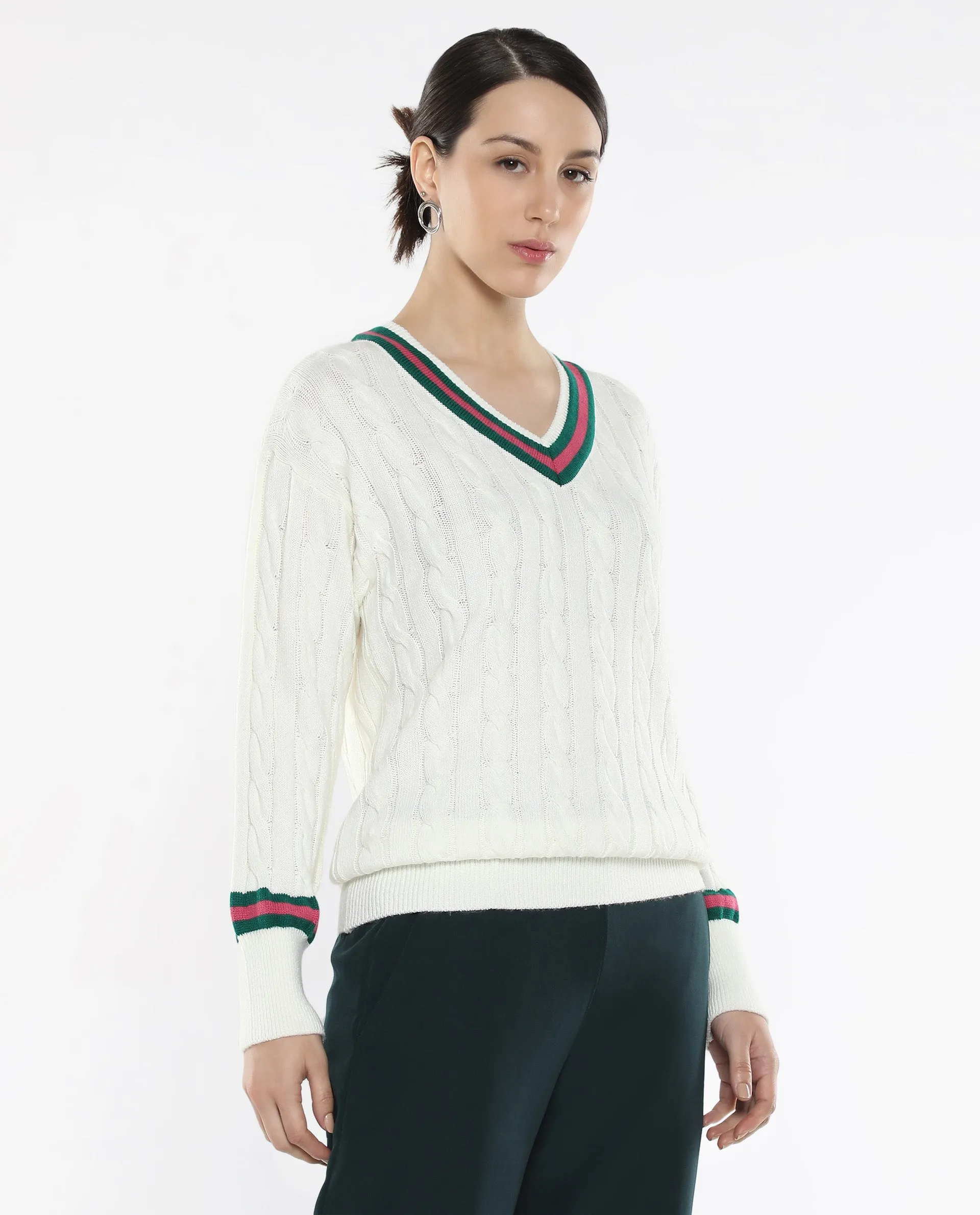 Rareism Women Simaya Off-White Acrylic Fabric Relaxed Fit Plain Sweater