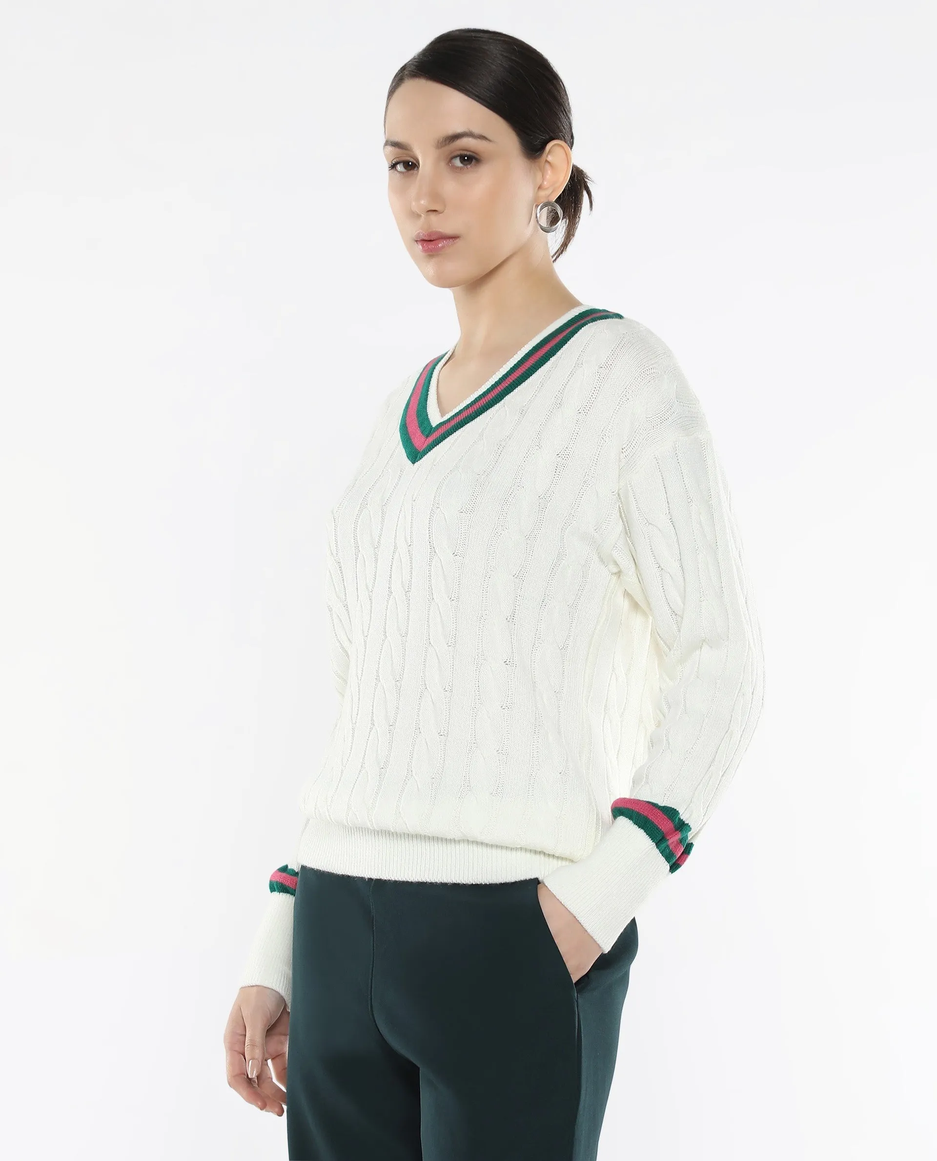 Rareism Women Simaya Off-White Acrylic Fabric Relaxed Fit Plain Sweater