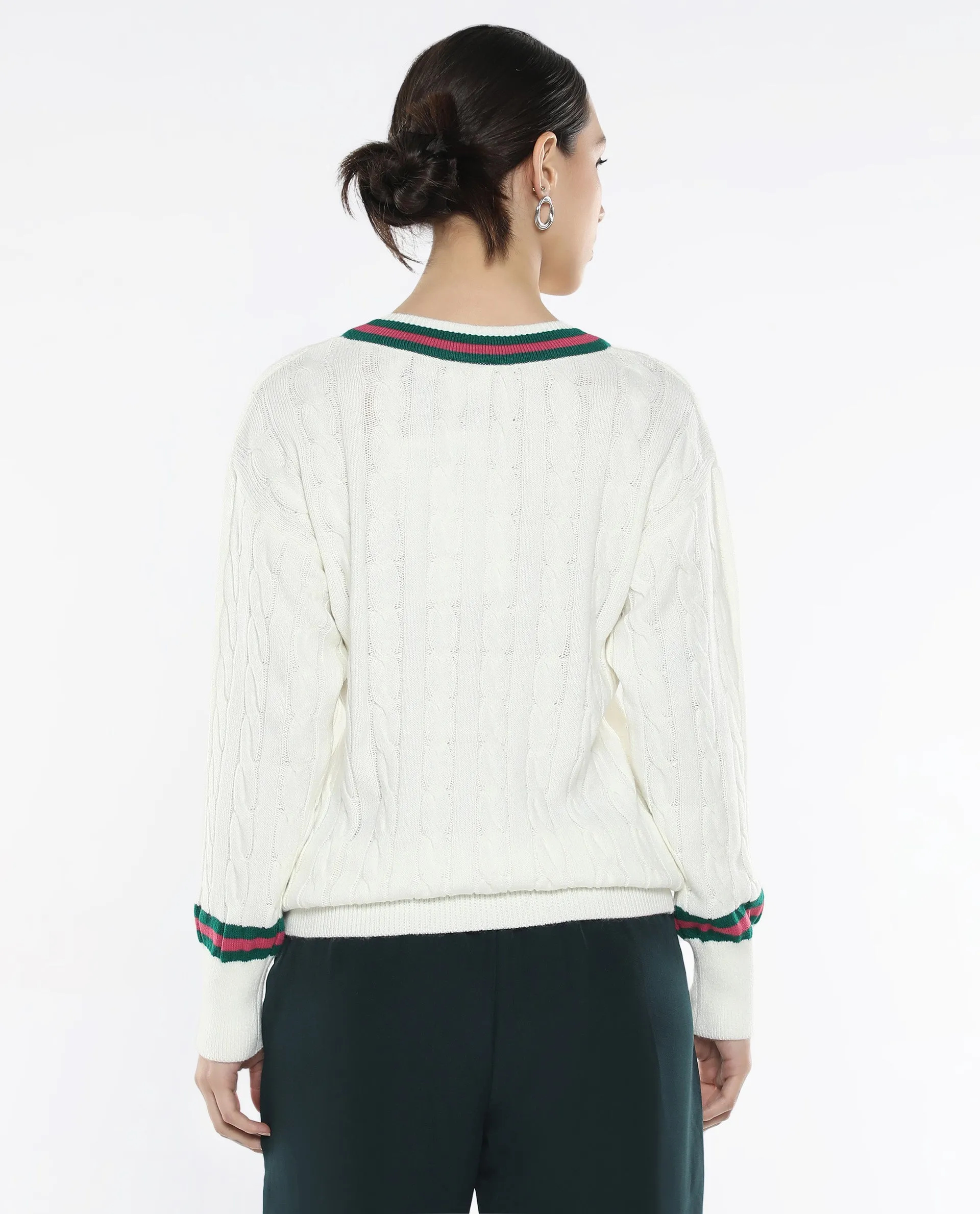 Rareism Women Simaya Off-White Acrylic Fabric Relaxed Fit Plain Sweater