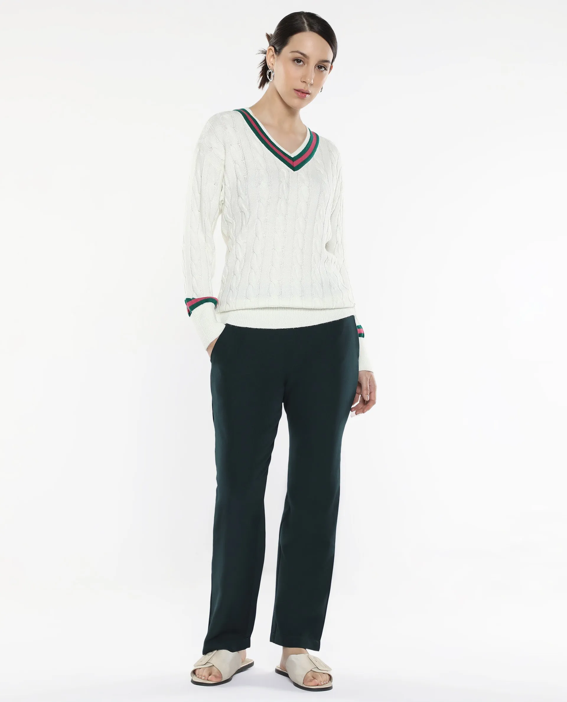 Rareism Women Simaya Off-White Acrylic Fabric Relaxed Fit Plain Sweater