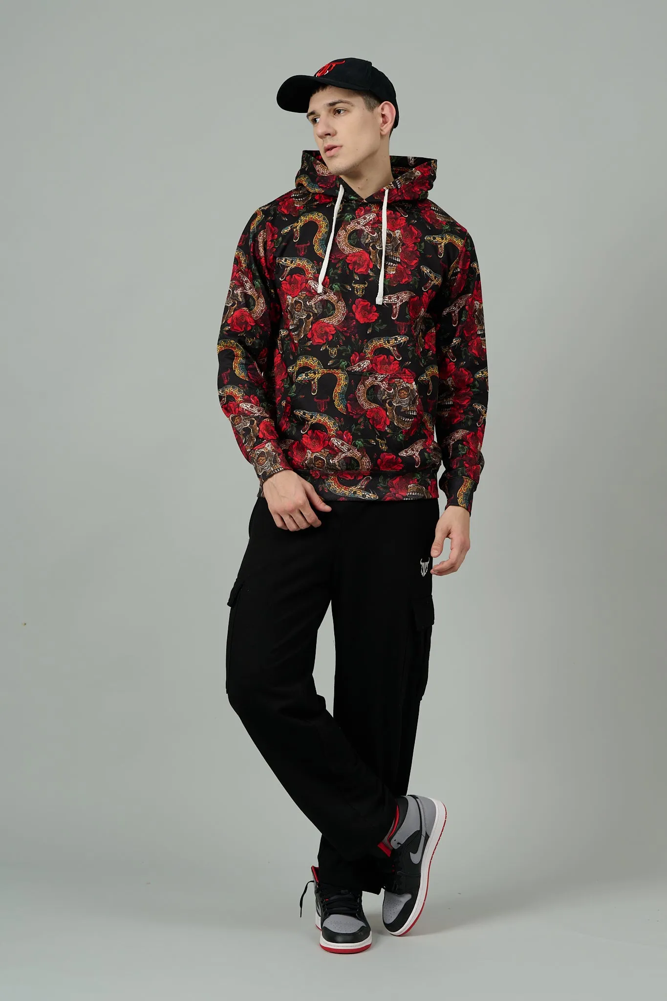 Rose with Snake Printed Hoodie for Men