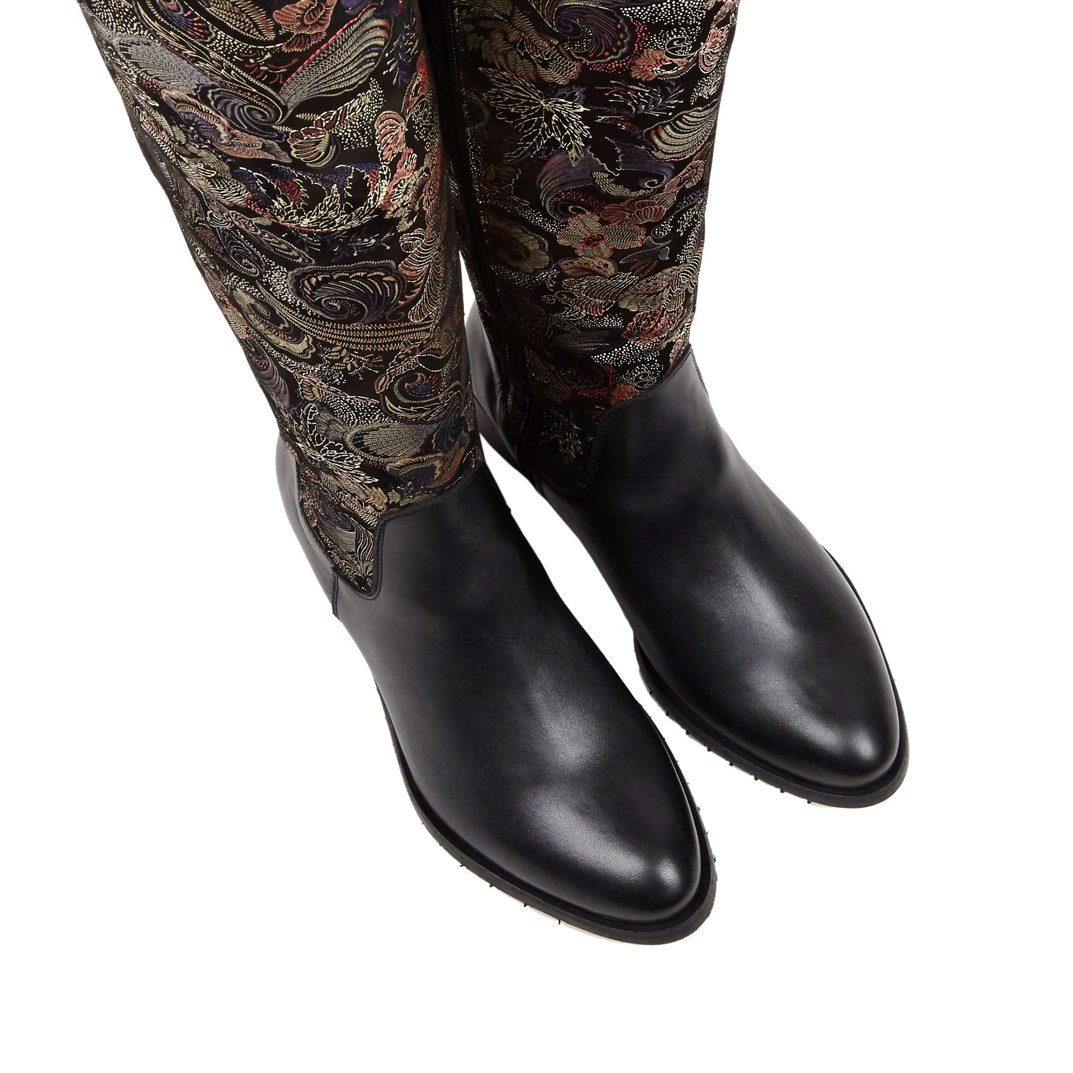 RUBIX BLACK MULTI - Women's full length zip long boots in dark flower leather