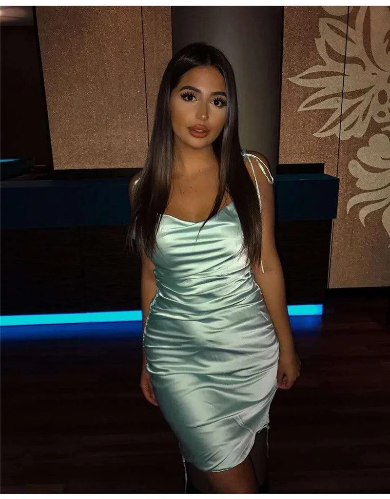 Sexy Runched Dress Satin Bodycon Spaghetti Strap Dress