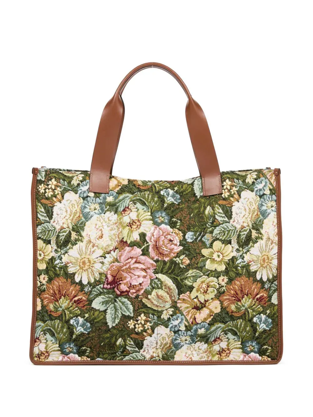 Shopper Tote Bag - Green Floral/Chestnut