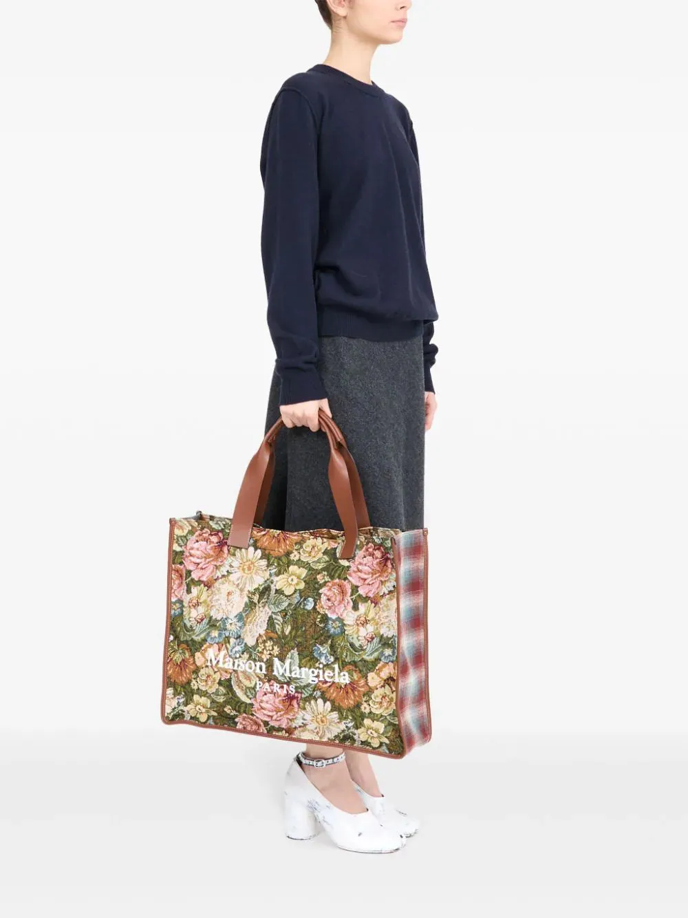 Shopper Tote Bag - Green Floral/Chestnut