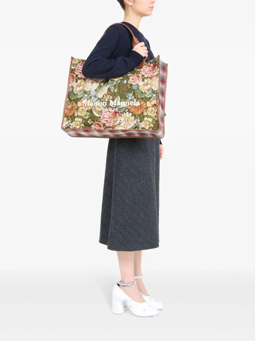 Shopper Tote Bag - Green Floral/Chestnut