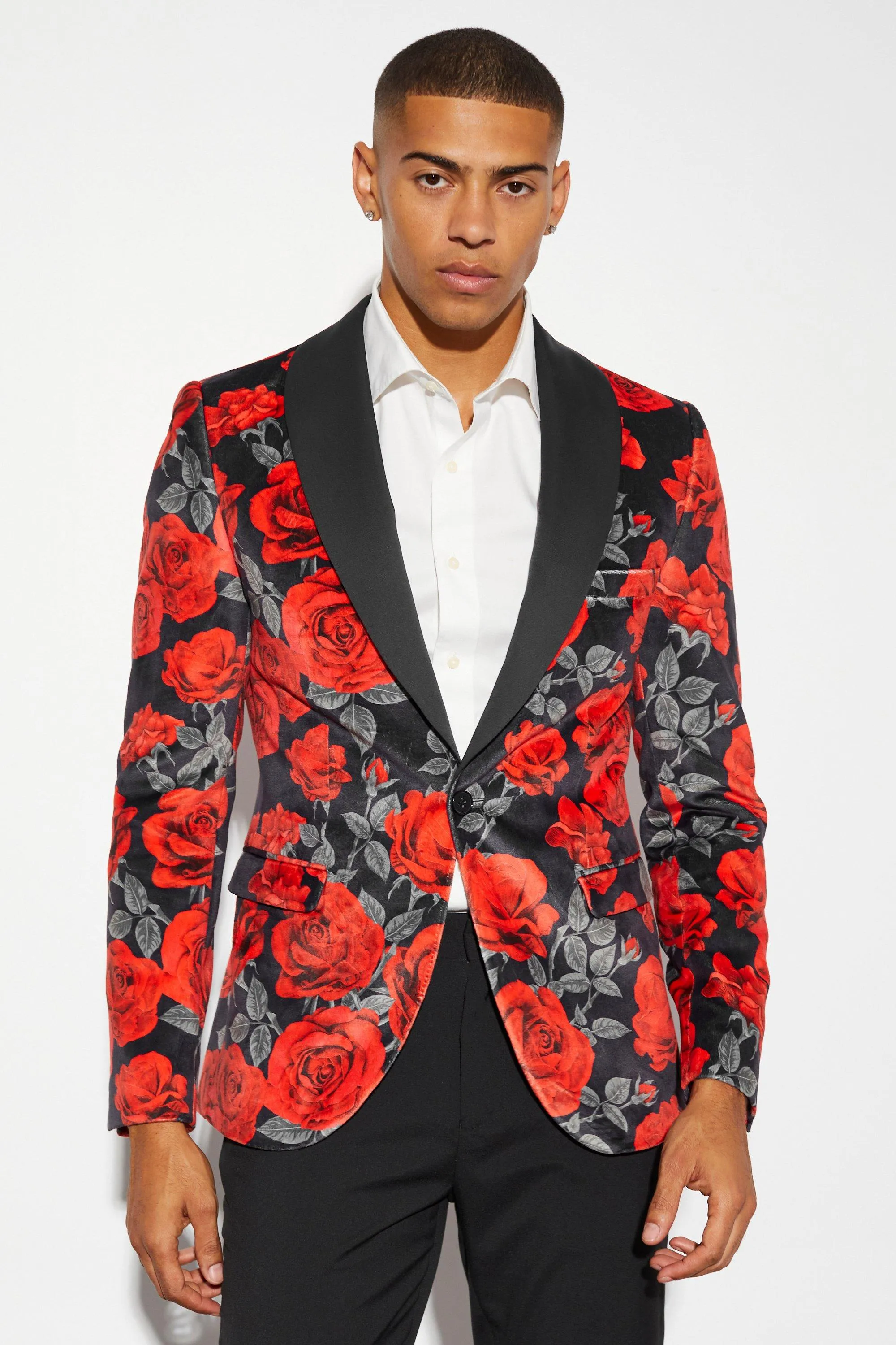 Skinny Fit Printed Velour Floral Blazer