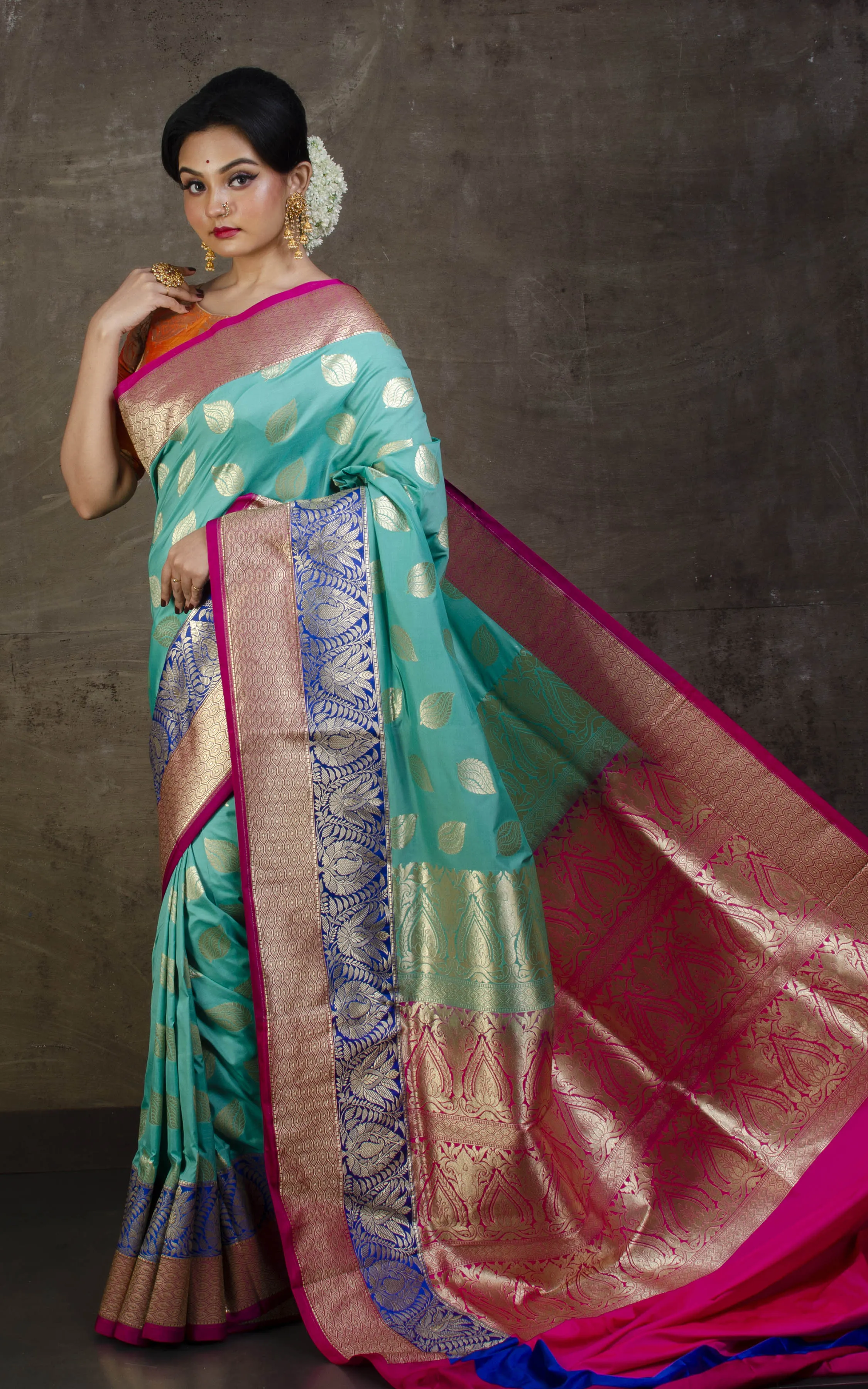 Soft Designer Semi Katan Silk Saree in Sea Green, Royal Blue and Hot Pink