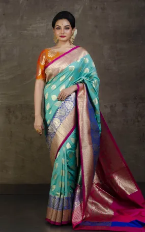 Soft Designer Semi Katan Silk Saree in Sea Green, Royal Blue and Hot Pink