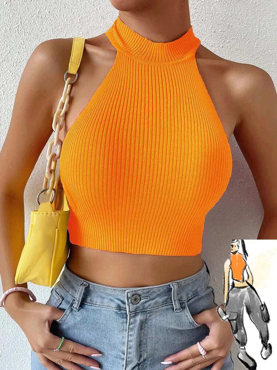 Summer Women Basics Casual Knit Sleeveless Corset Halter Crossfit Crop Top