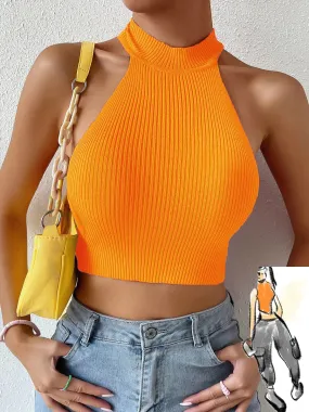 Summer Women Basics Casual Knit Sleeveless Corset Halter Crossfit Crop Top