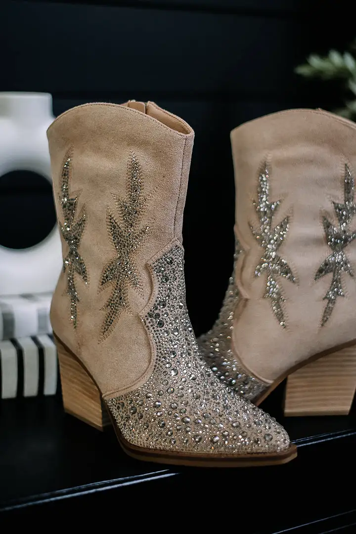 TAUPE LUX RHINESTONE BOOTIE