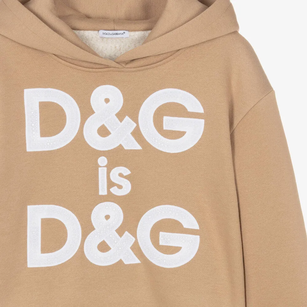 Teen Girls Beige Cotton Slogan Hoodie