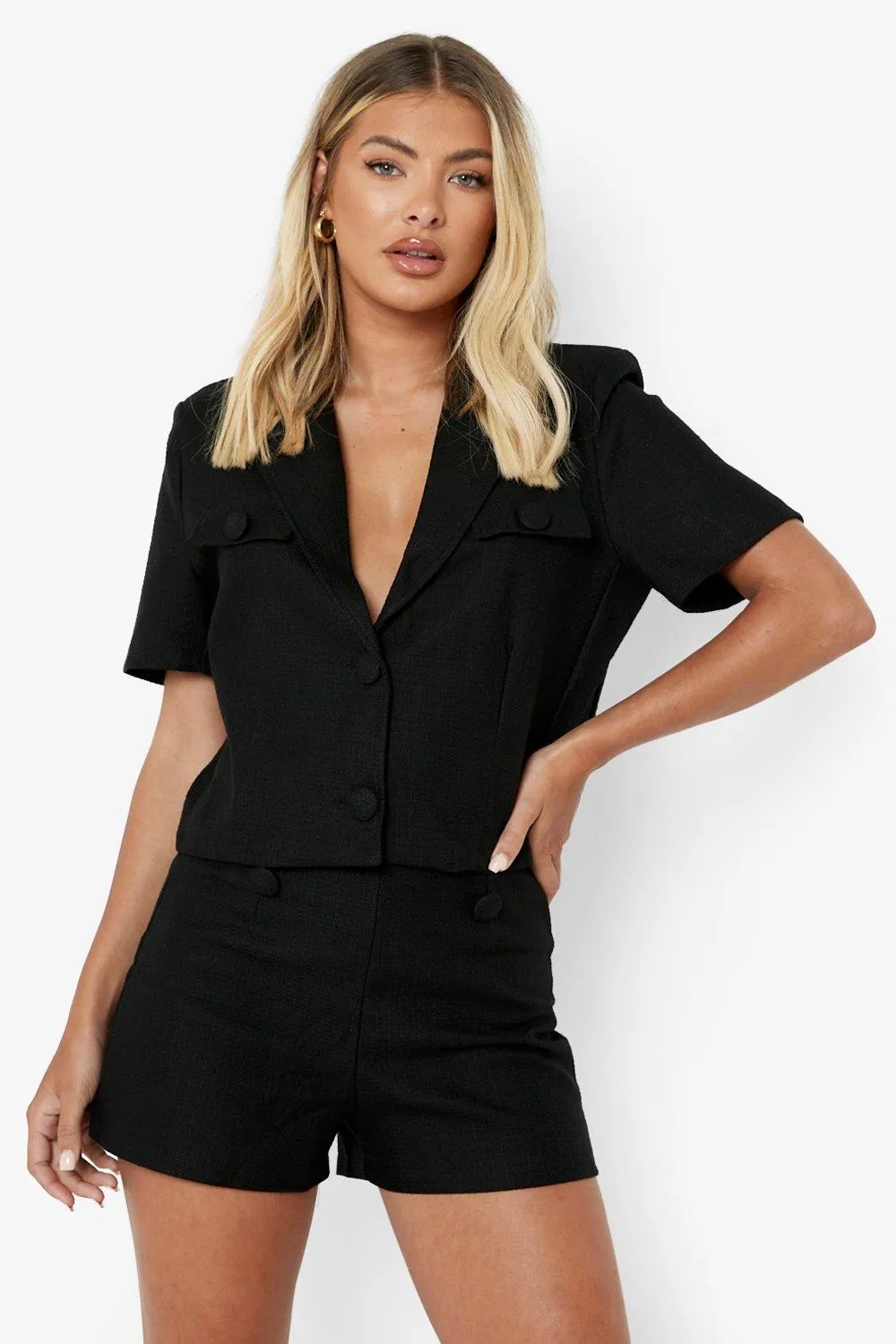 Textured Pocket Detail Cropped Blazer