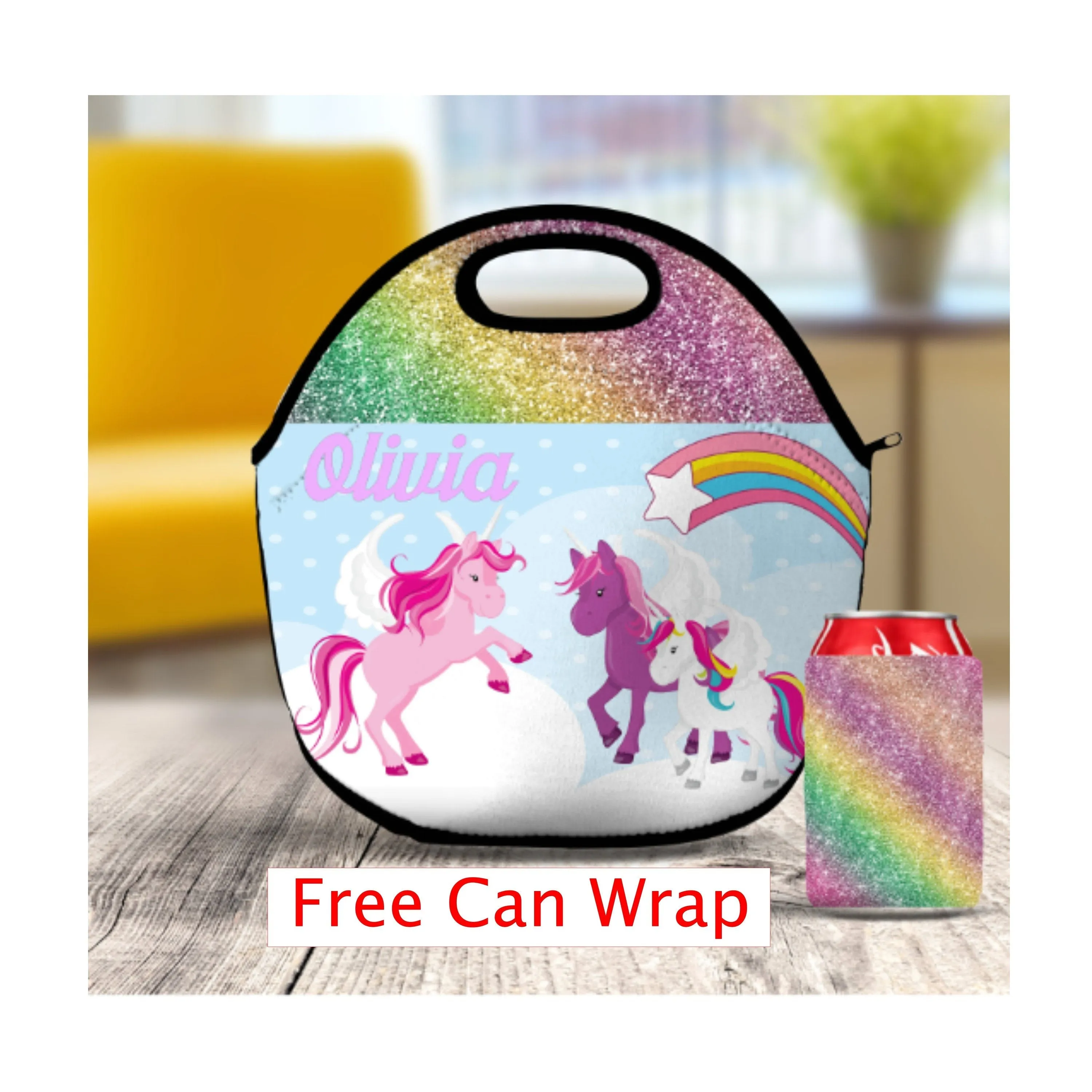 Unicorn Lunch Bag, Girls Lunch Box, Personalized Tote, Rainbow Snack Bag, Double Sided