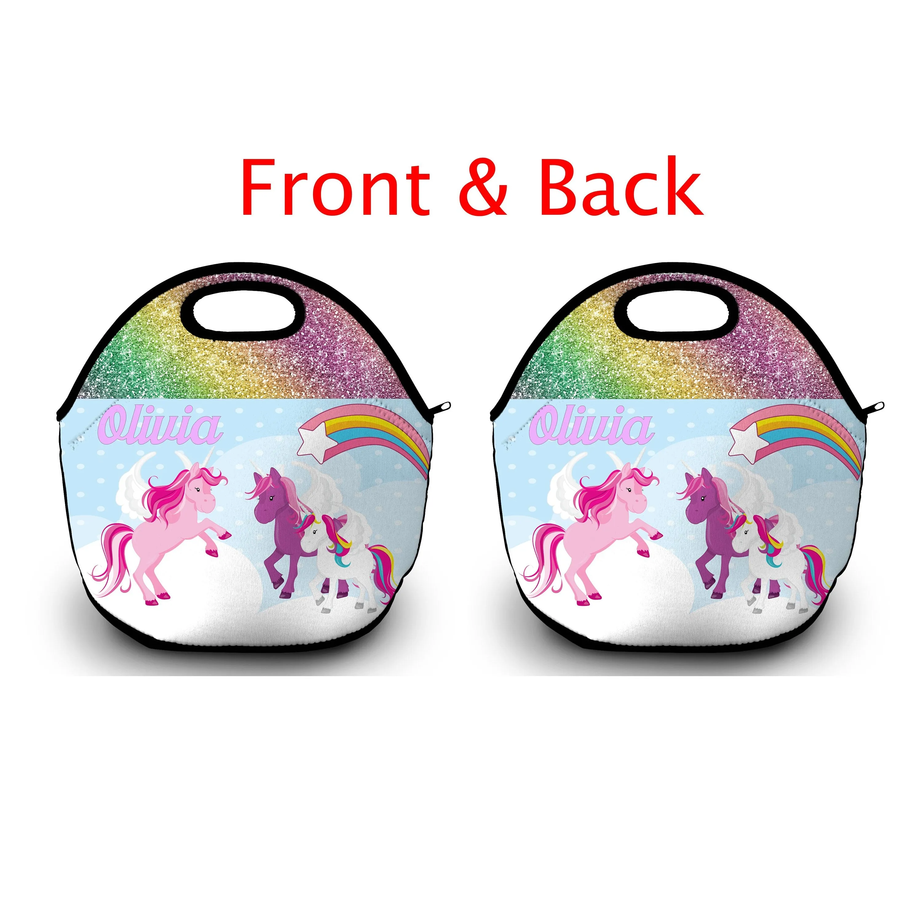 Unicorn Lunch Bag, Girls Lunch Box, Personalized Tote, Rainbow Snack Bag, Double Sided