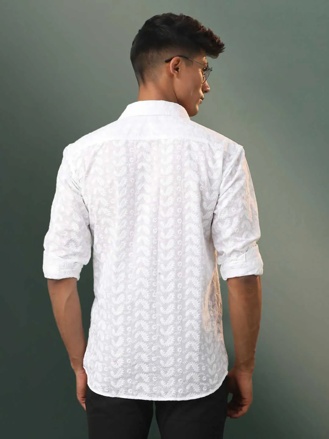 VASTRAMAY Men's White Chikankari Cotton Shirt