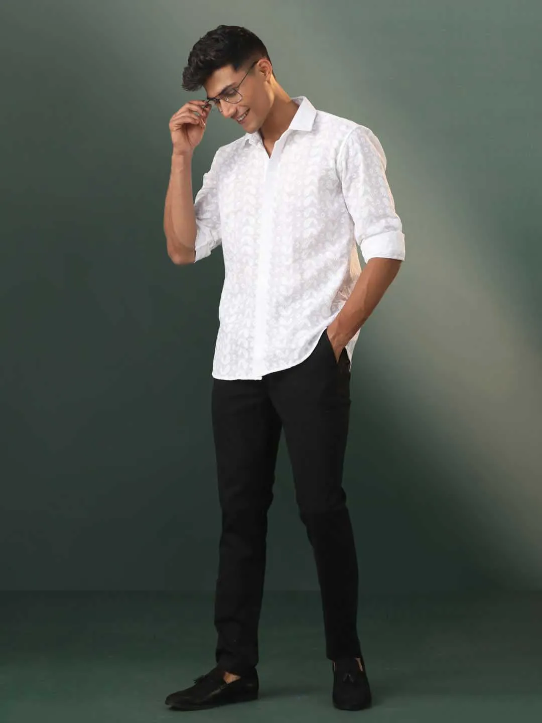 VASTRAMAY Men's White Chikankari Cotton Shirt