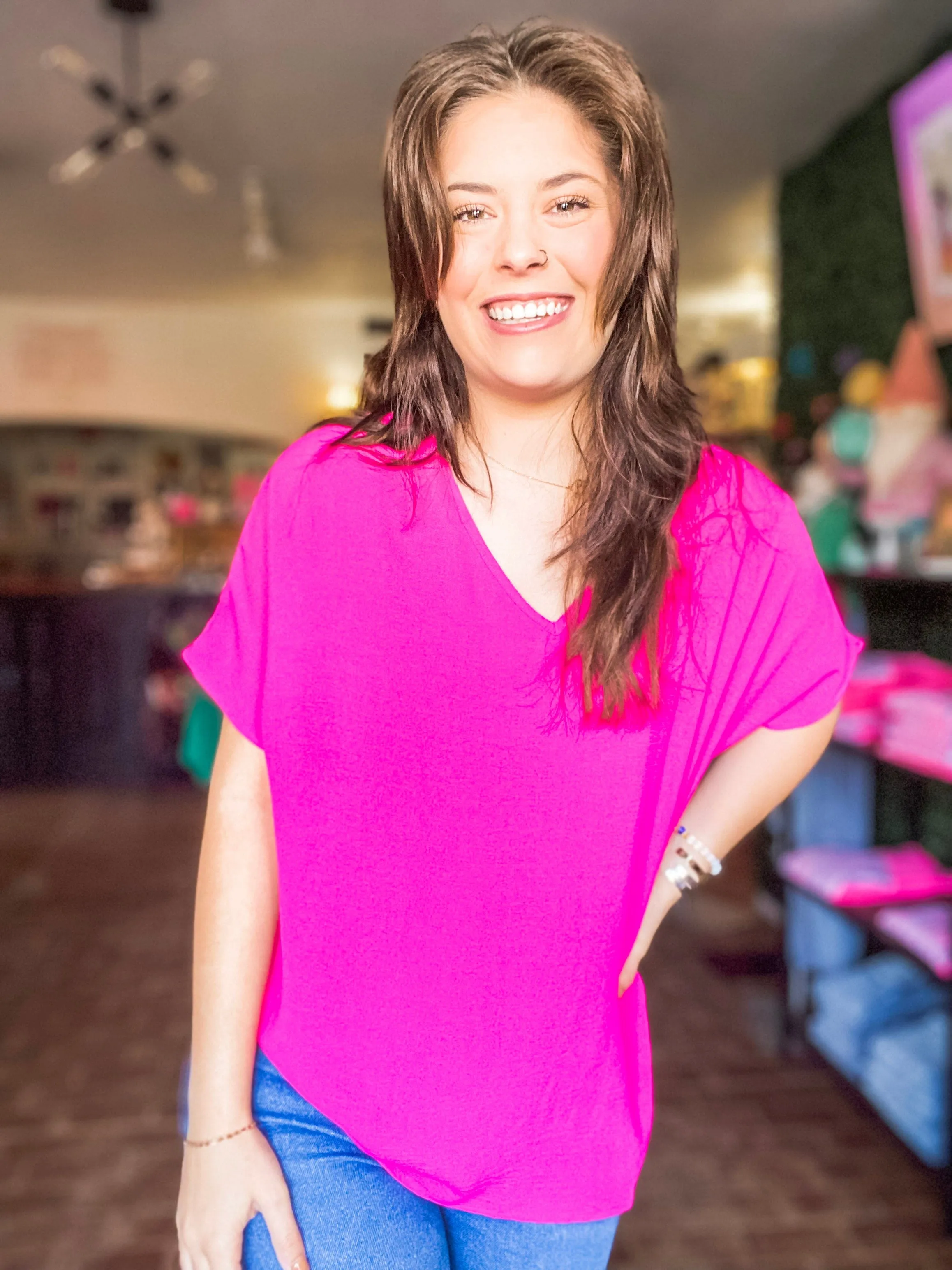 Vera V-neck Top-Hot Pink