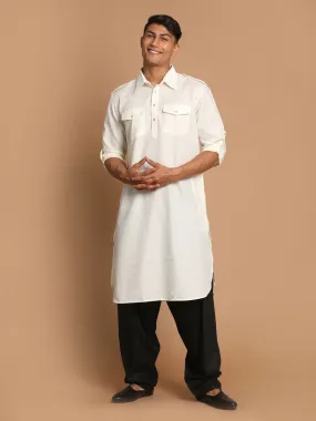 VM By VASTRAMAY Men's Cream Cotton Blend Pathani Suit Set