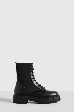 Wide Width Panel Detail Chunky Lace Up Combat Boots