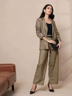 Women Beige Striped Front Button Blazer With Straight Pants