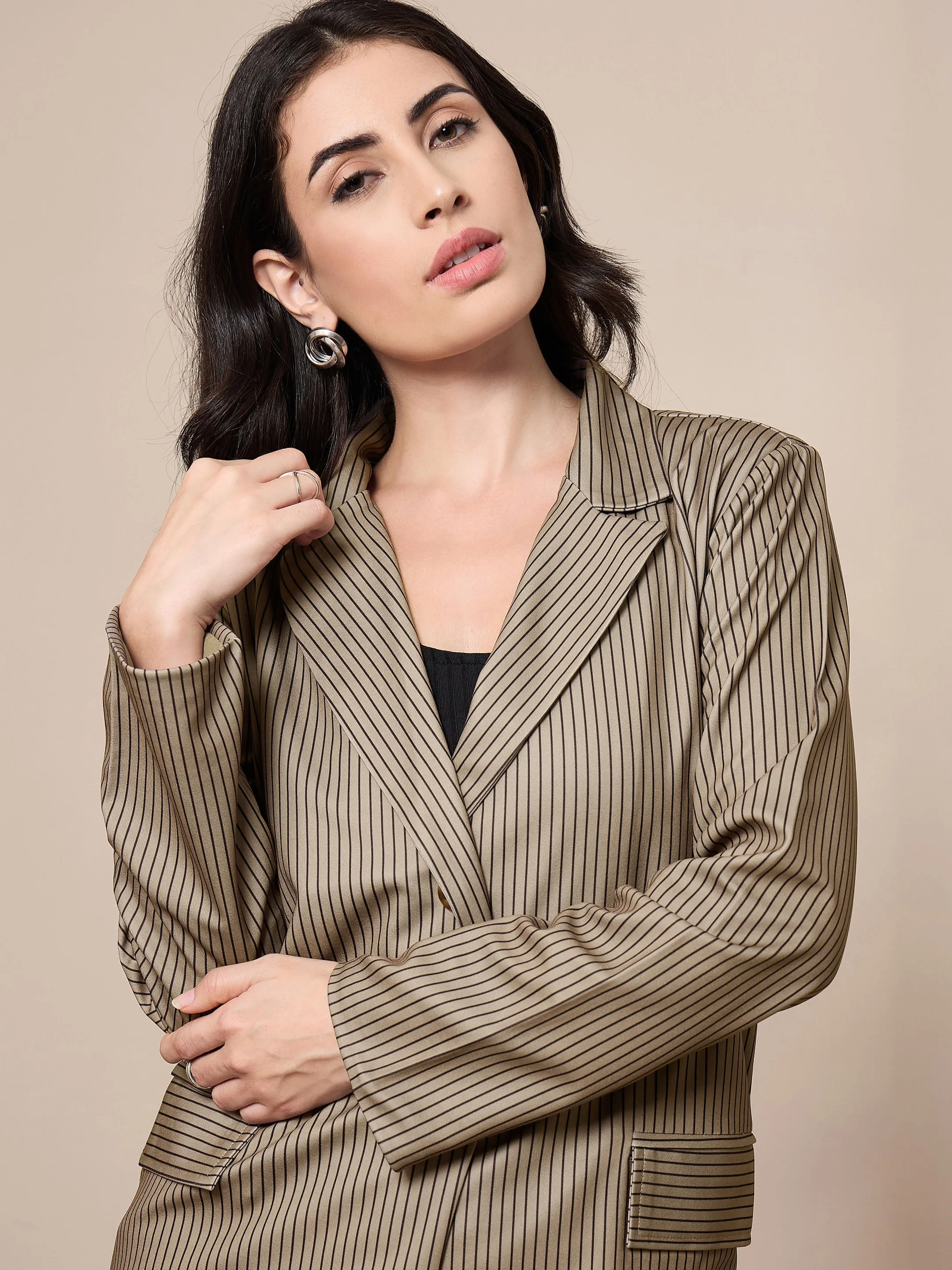 Women Beige Striped Front Button Blazer With Straight Pants