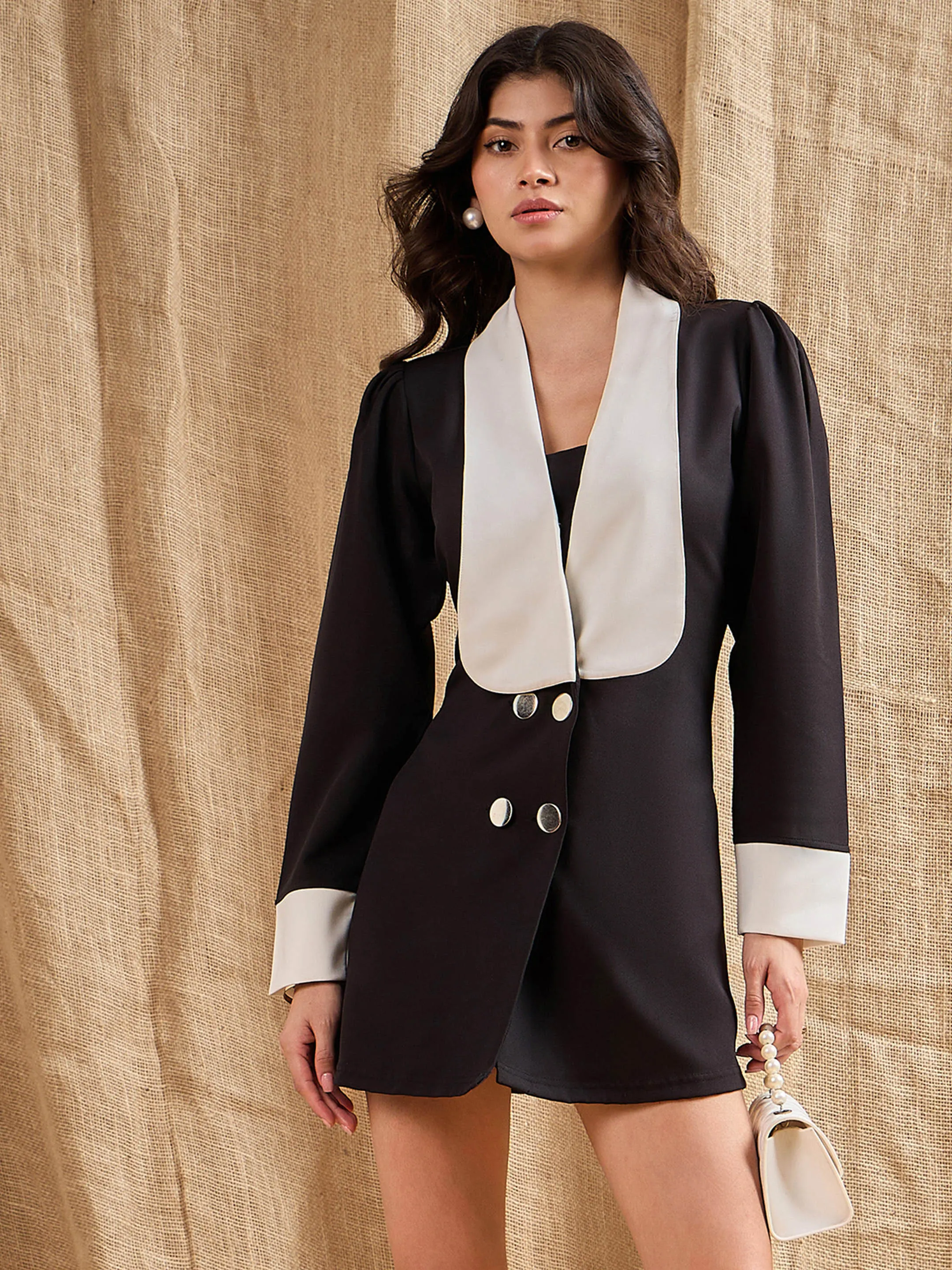 Women Black Contrast Collar Blazer Dress