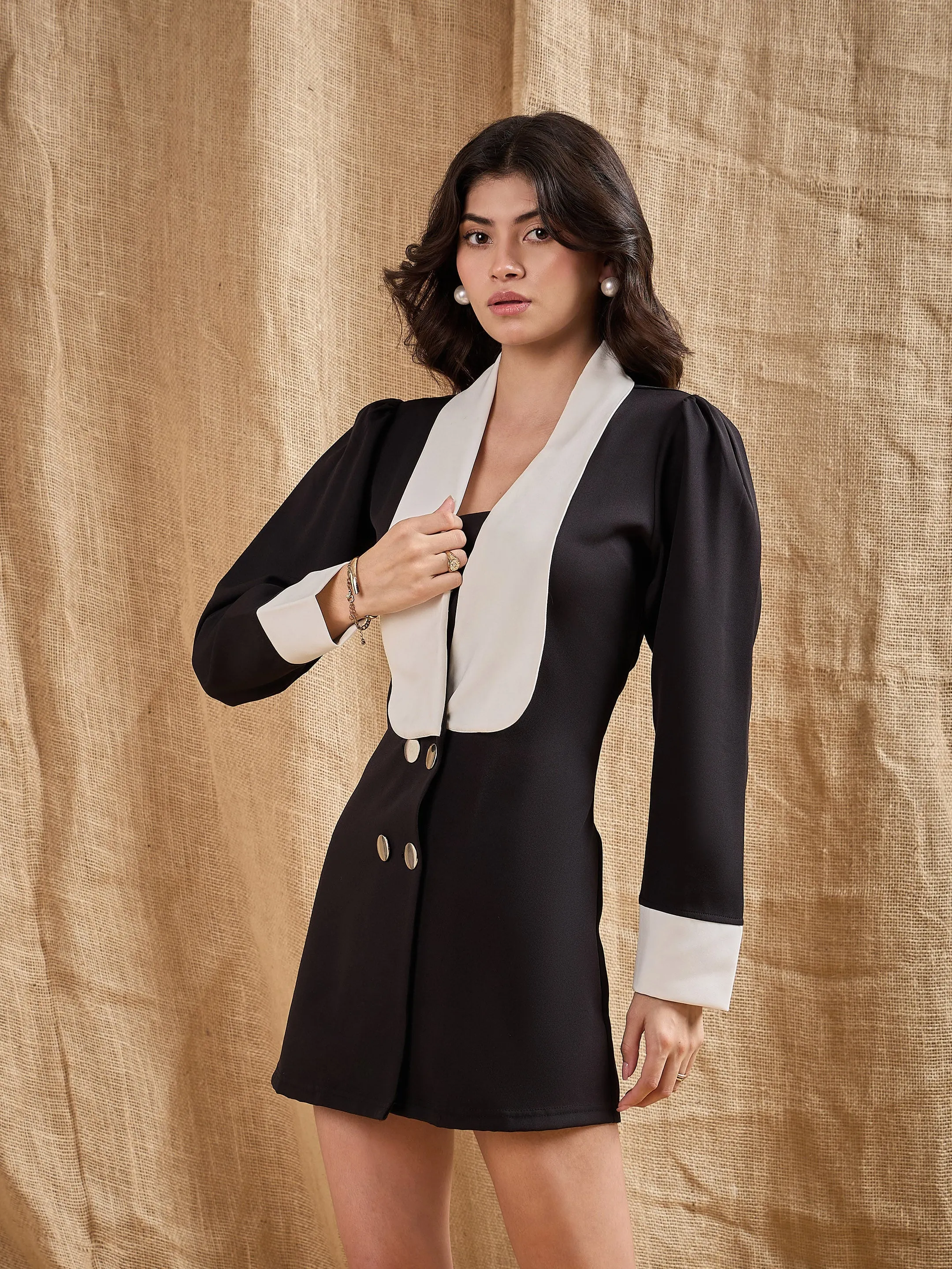 Women Black Contrast Collar Blazer Dress