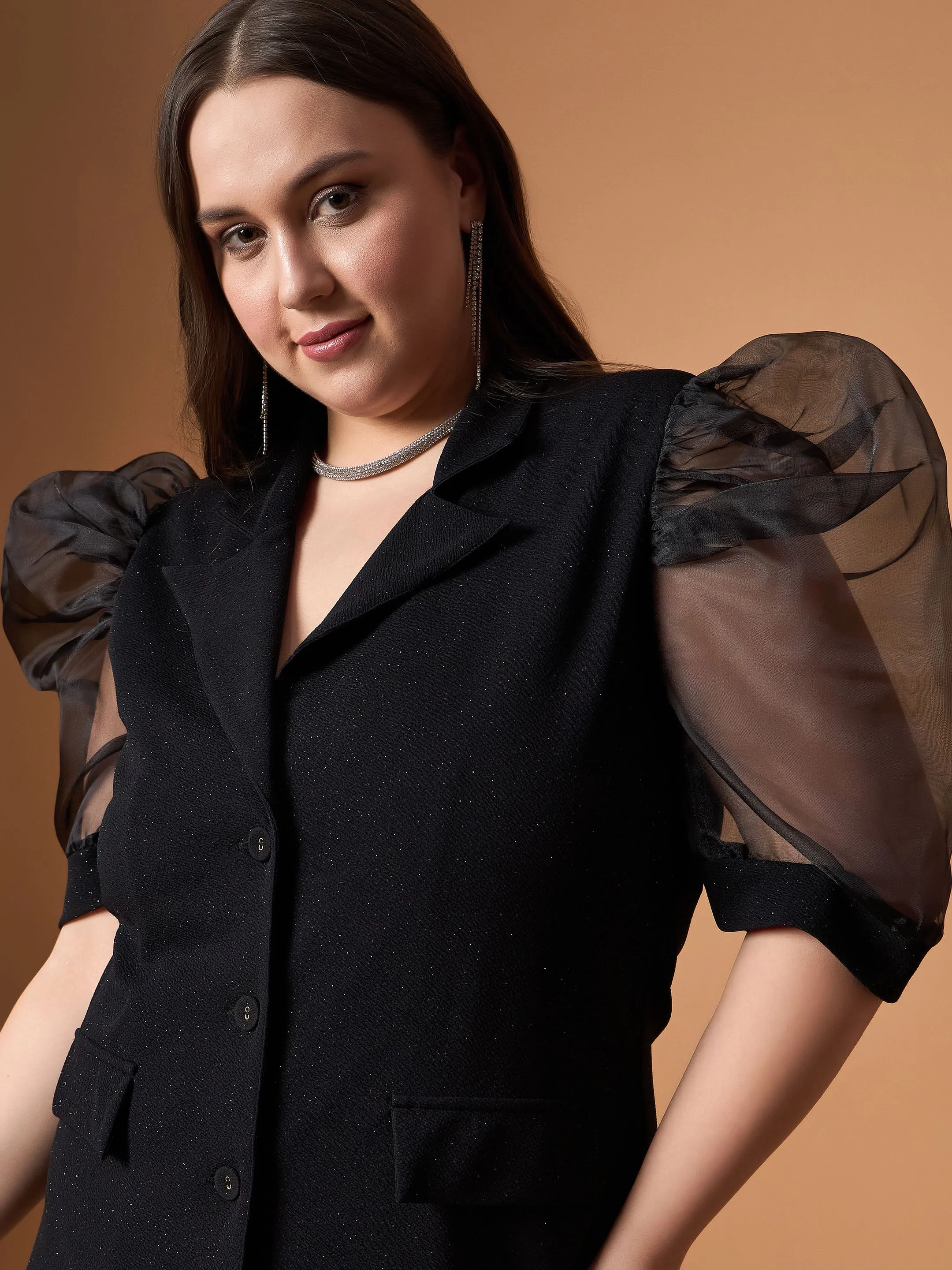 Women Black Glitter Organza Sleeves Blazer Dress