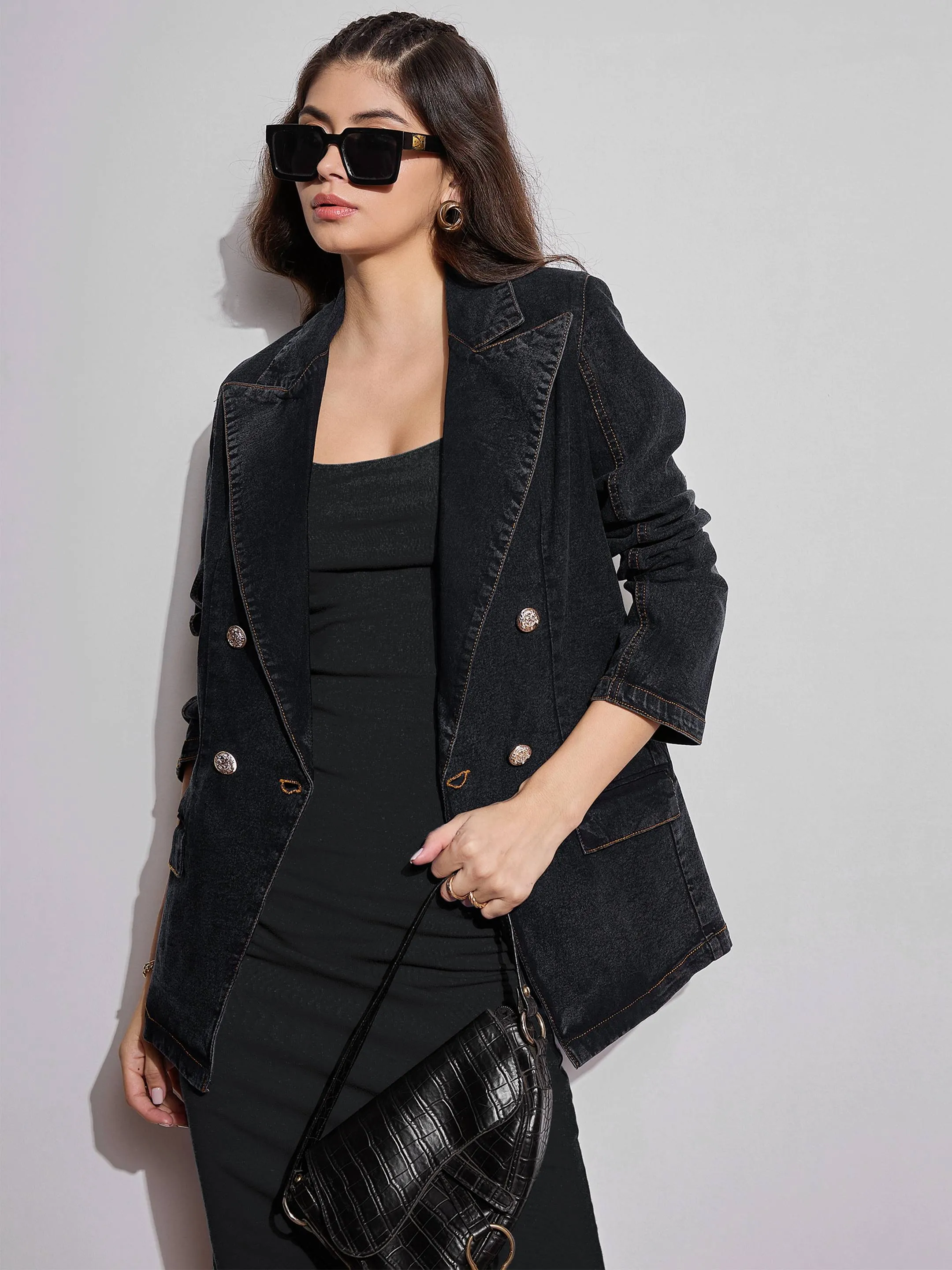 Women Black Washed Notch Collar Full Sleeve Blazer