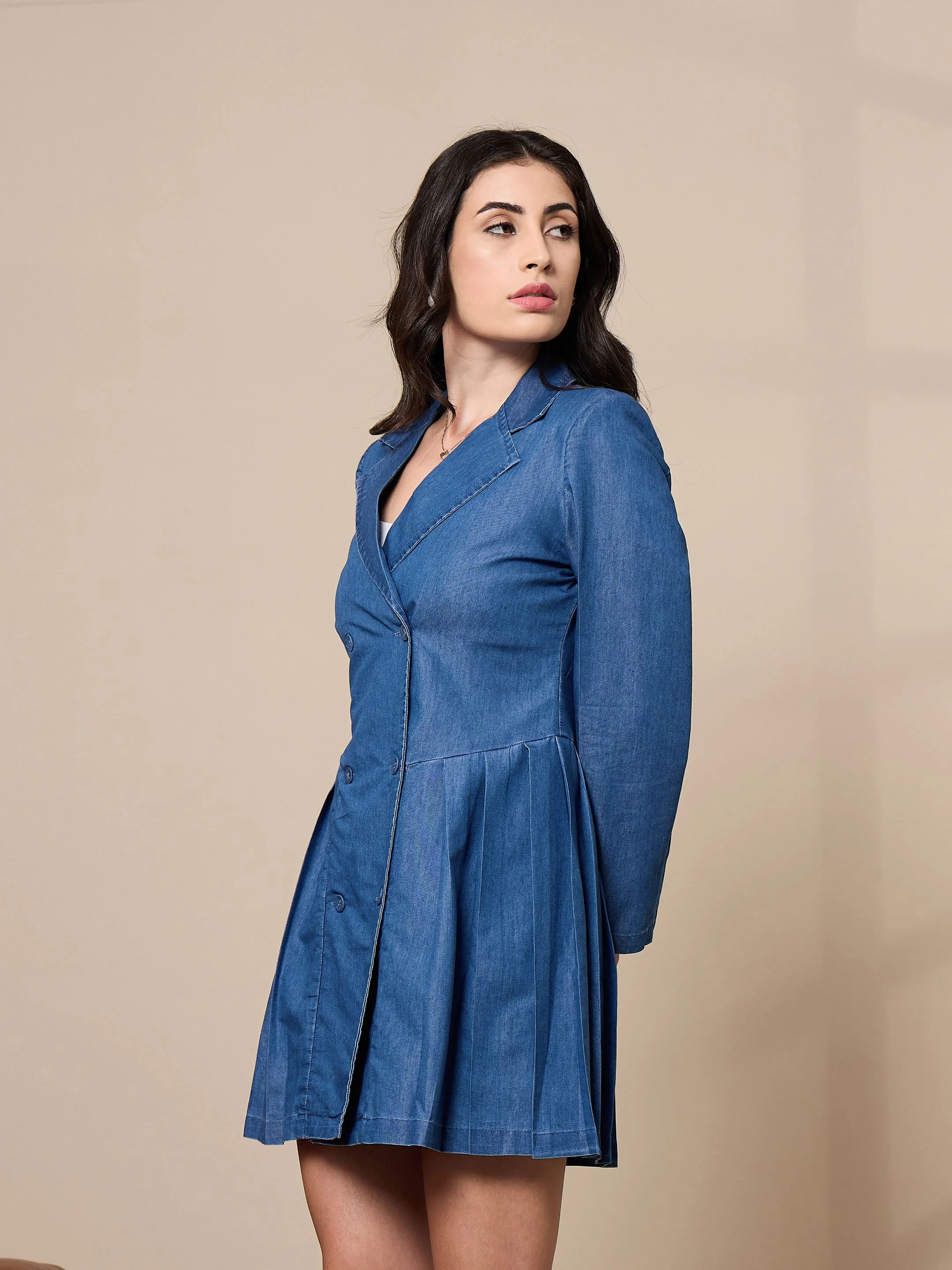 Women Blue Collar Blazer Dress