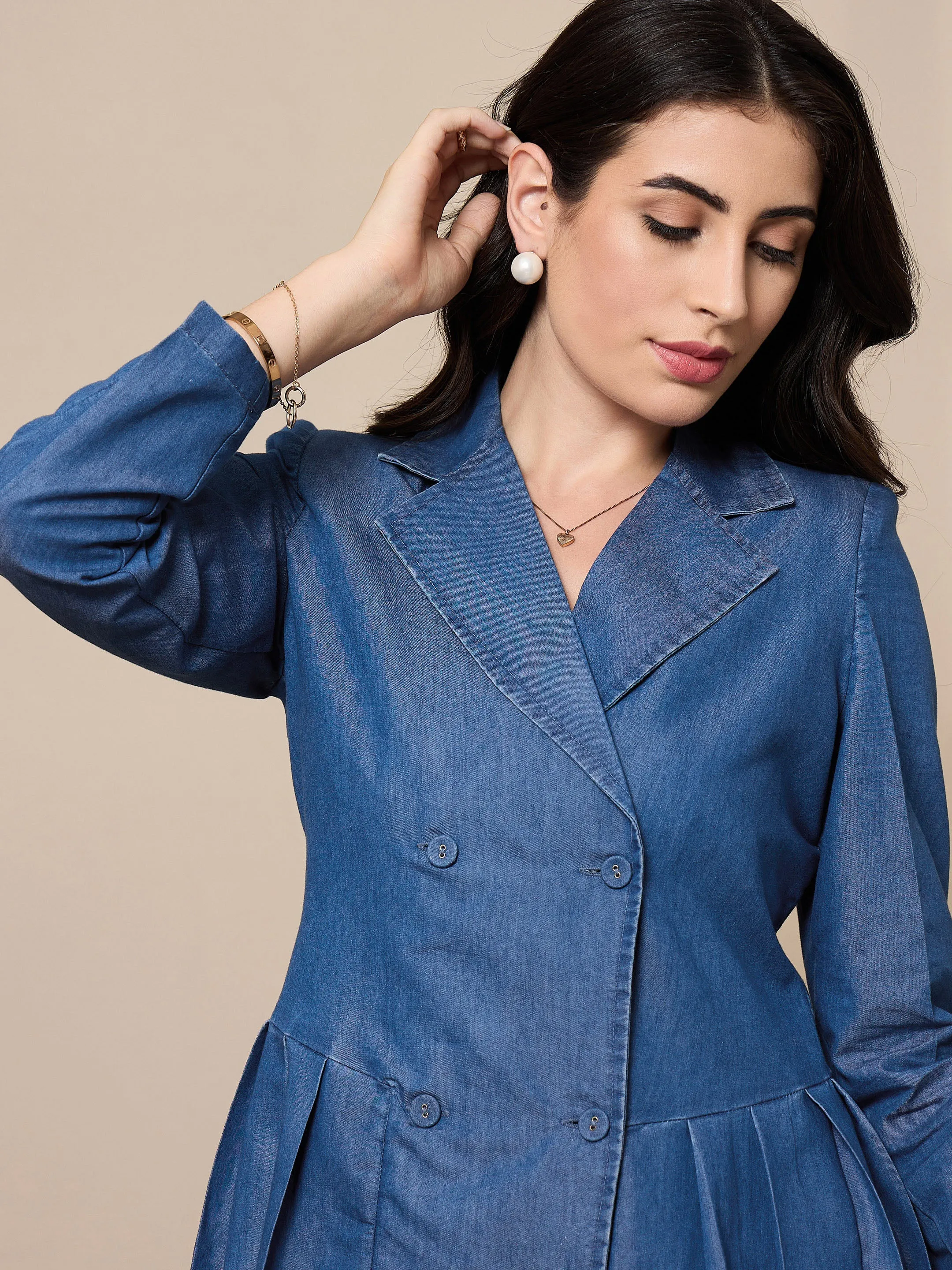 Women Blue Collar Blazer Dress