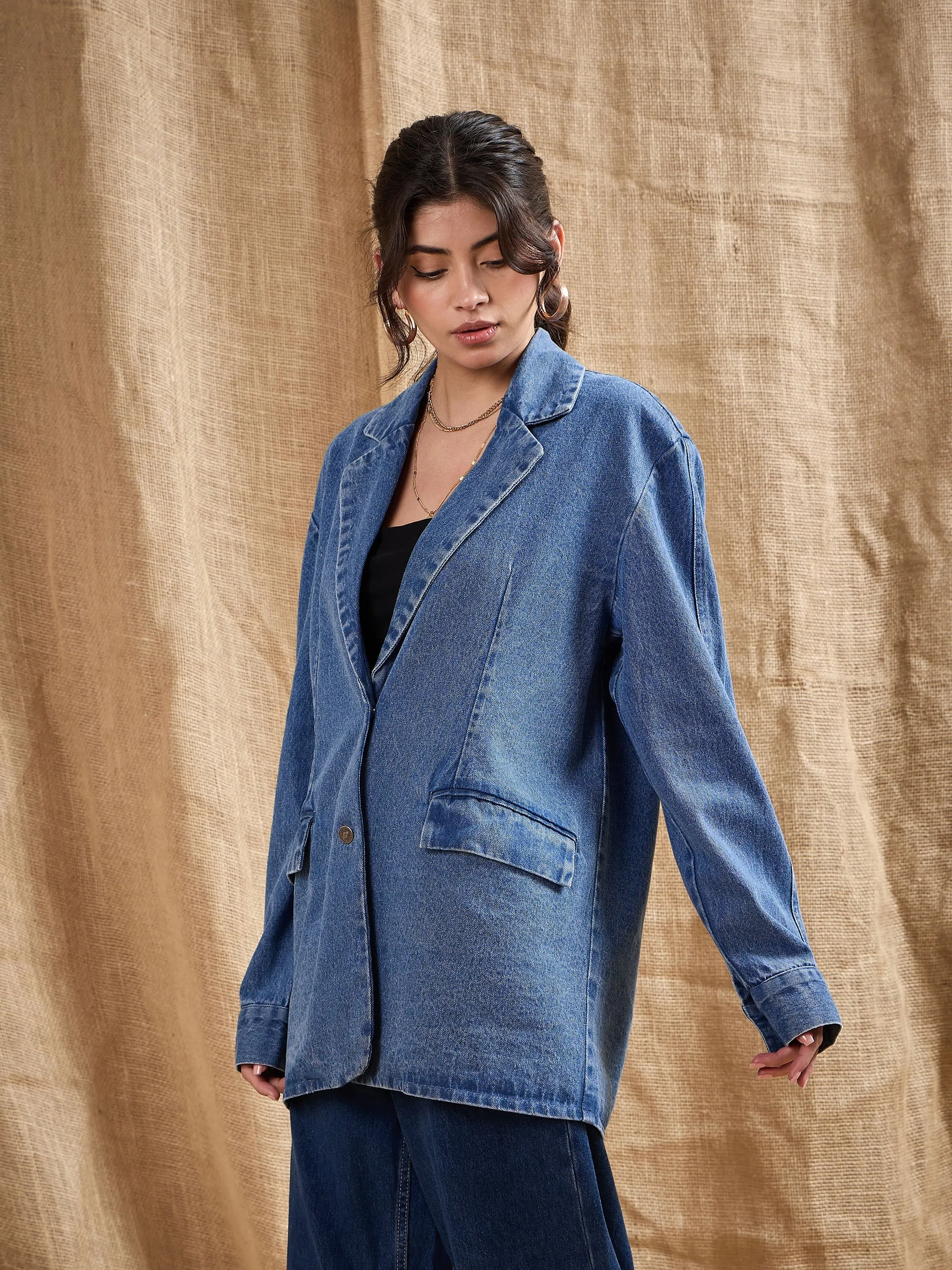 Women Blue Denim Washed Oversized Notch Collar Blazer