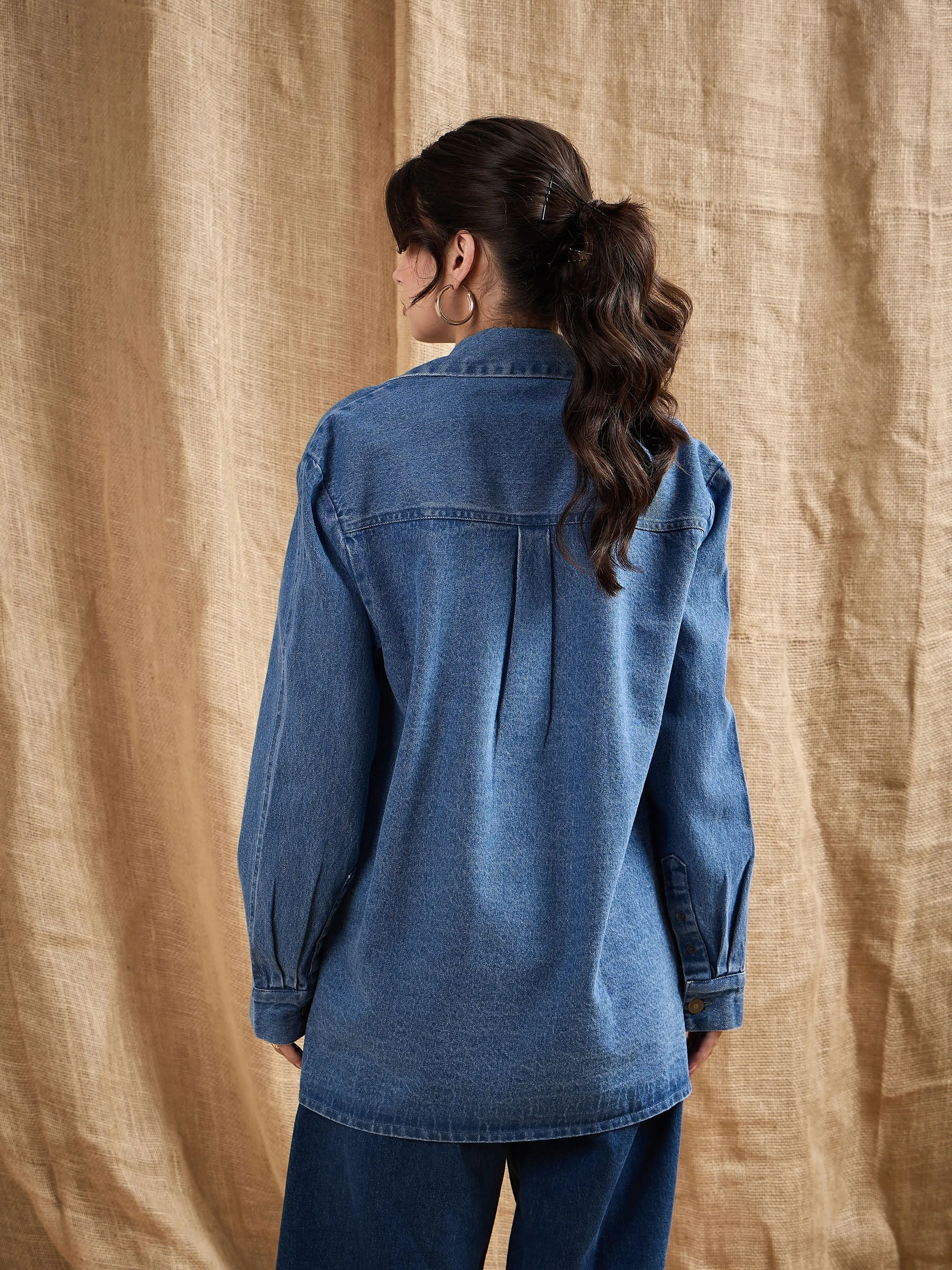 Women Blue Denim Washed Oversized Notch Collar Blazer