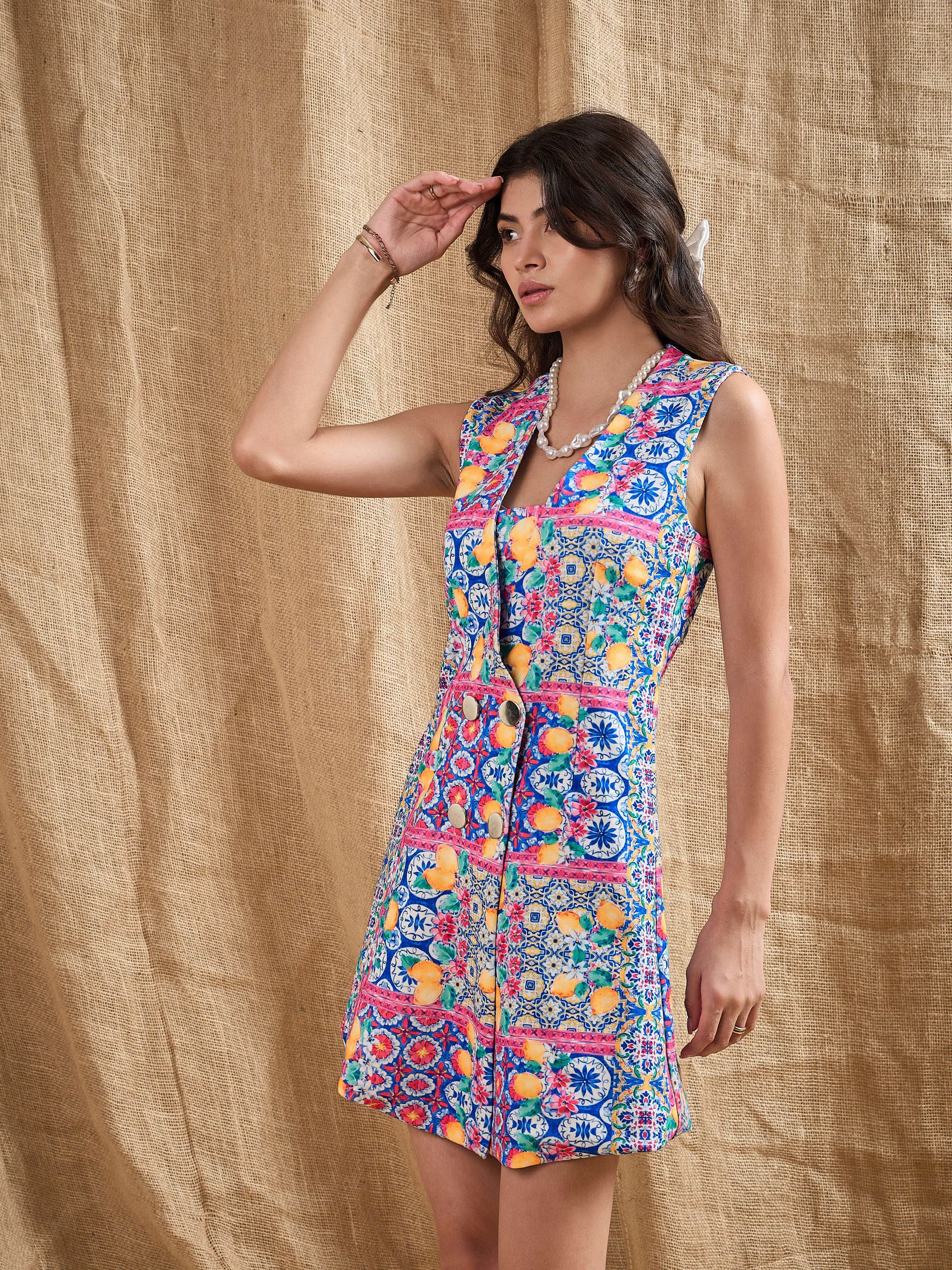 Women Blue Printed DoubleBreast Sleeveless Blazer Dress