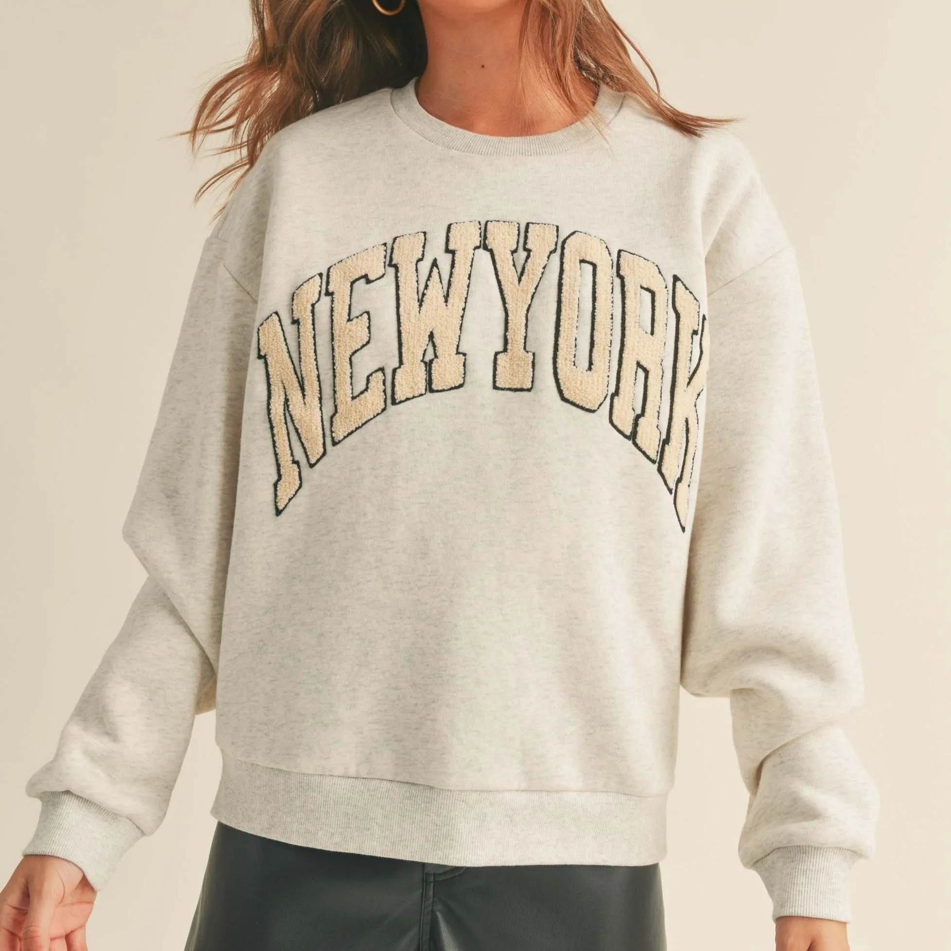 Women Chenille Embroidered Letter Patch Sweater -NewYork