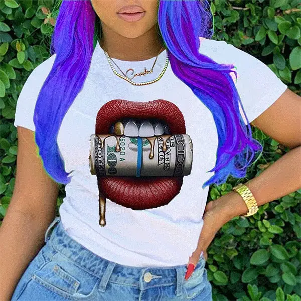 Women Dollar Lip Pattern 100% Cotton T-shirts